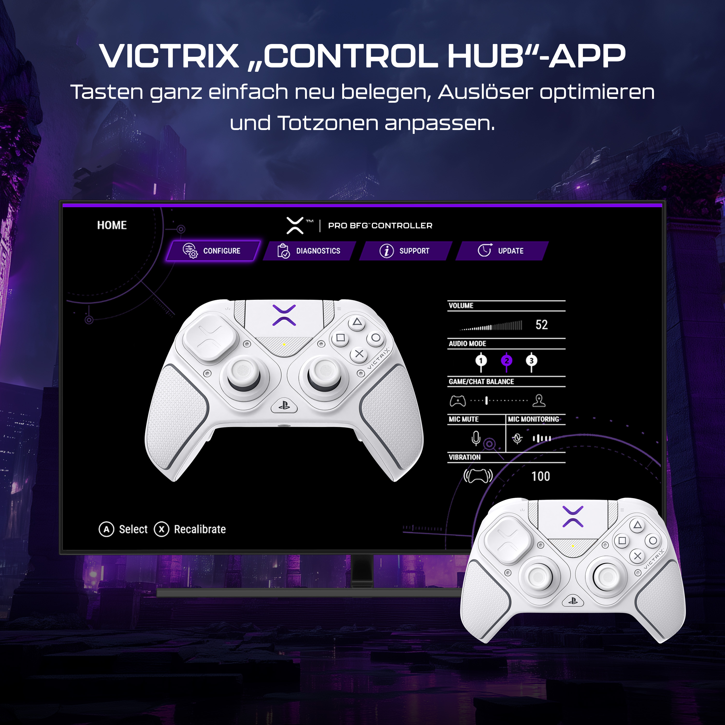 Un controller Victrix bianco viene mostrato su uno schermo scuro con l'app Control Hub.