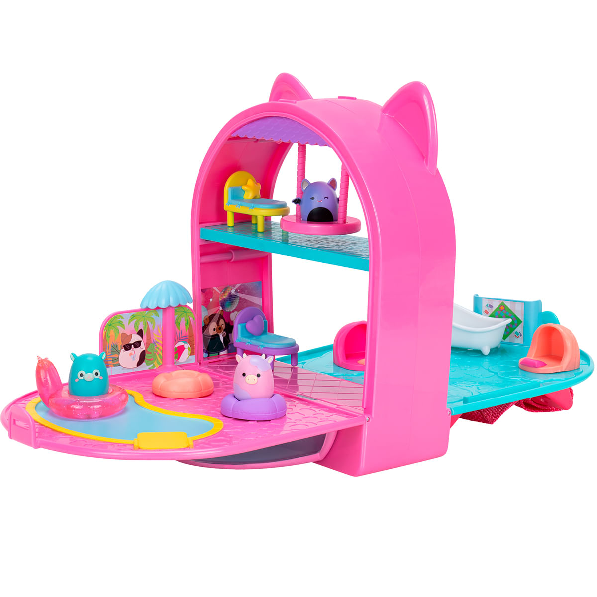 Una casa de juguete rosa para animales con piscina, tobogán, bañera y figuras pequeñas.