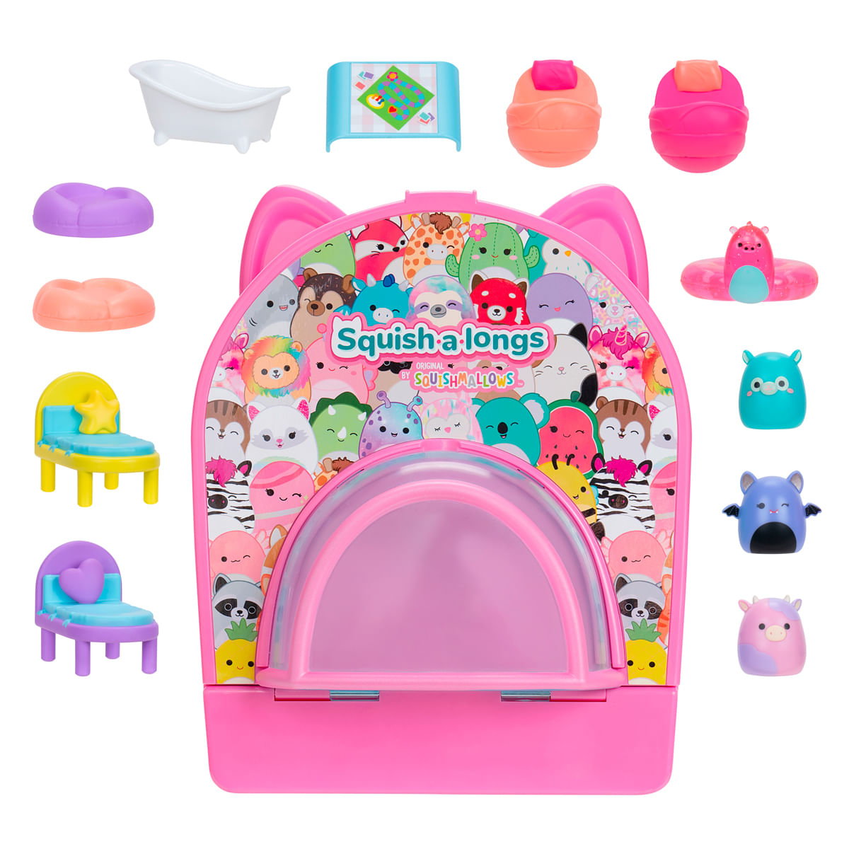 Mochila rosa Squish-a-longs con juguetes: bañera, sillas, juego y figuras.