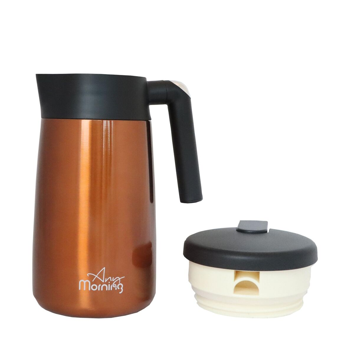 Siyah saplı bakır renkli termos ve yanında bir kapak.