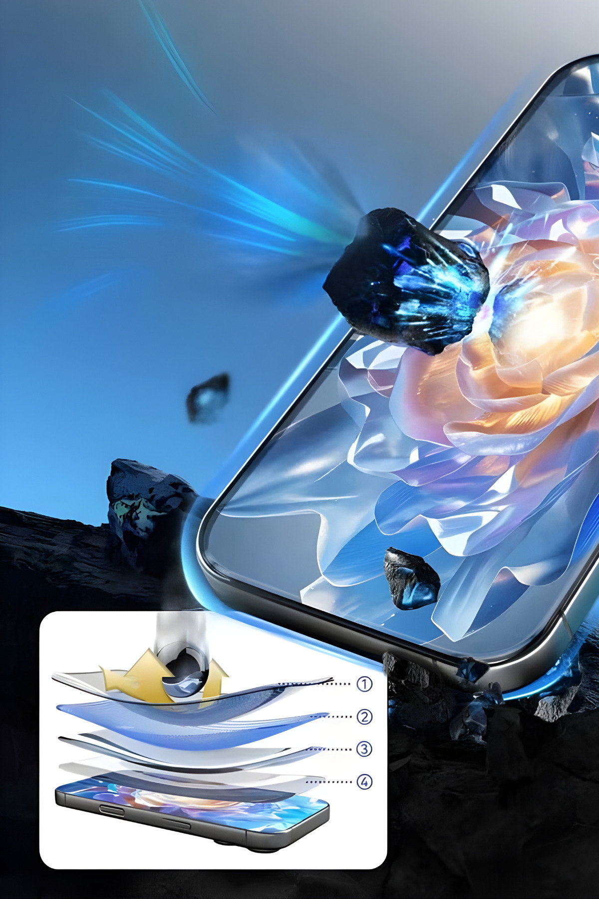 Mavi ışık patlamaları ve kayalarla telefon ekran koruyucu katmanları.