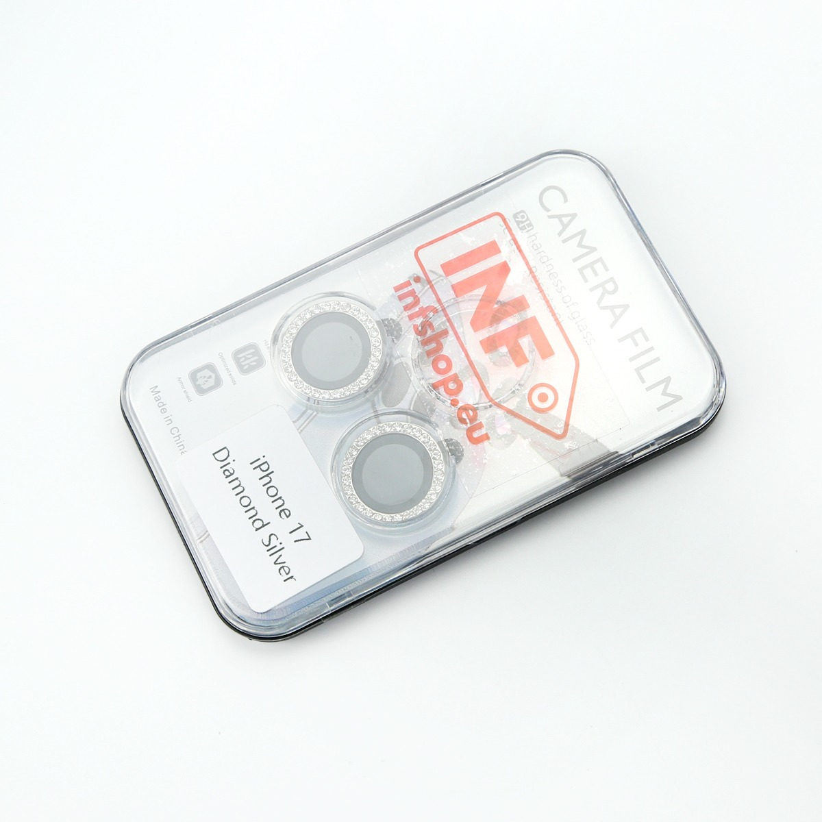 Pellicola per fotocamera iPhone 17 Diamond Silver con cornice glitter.