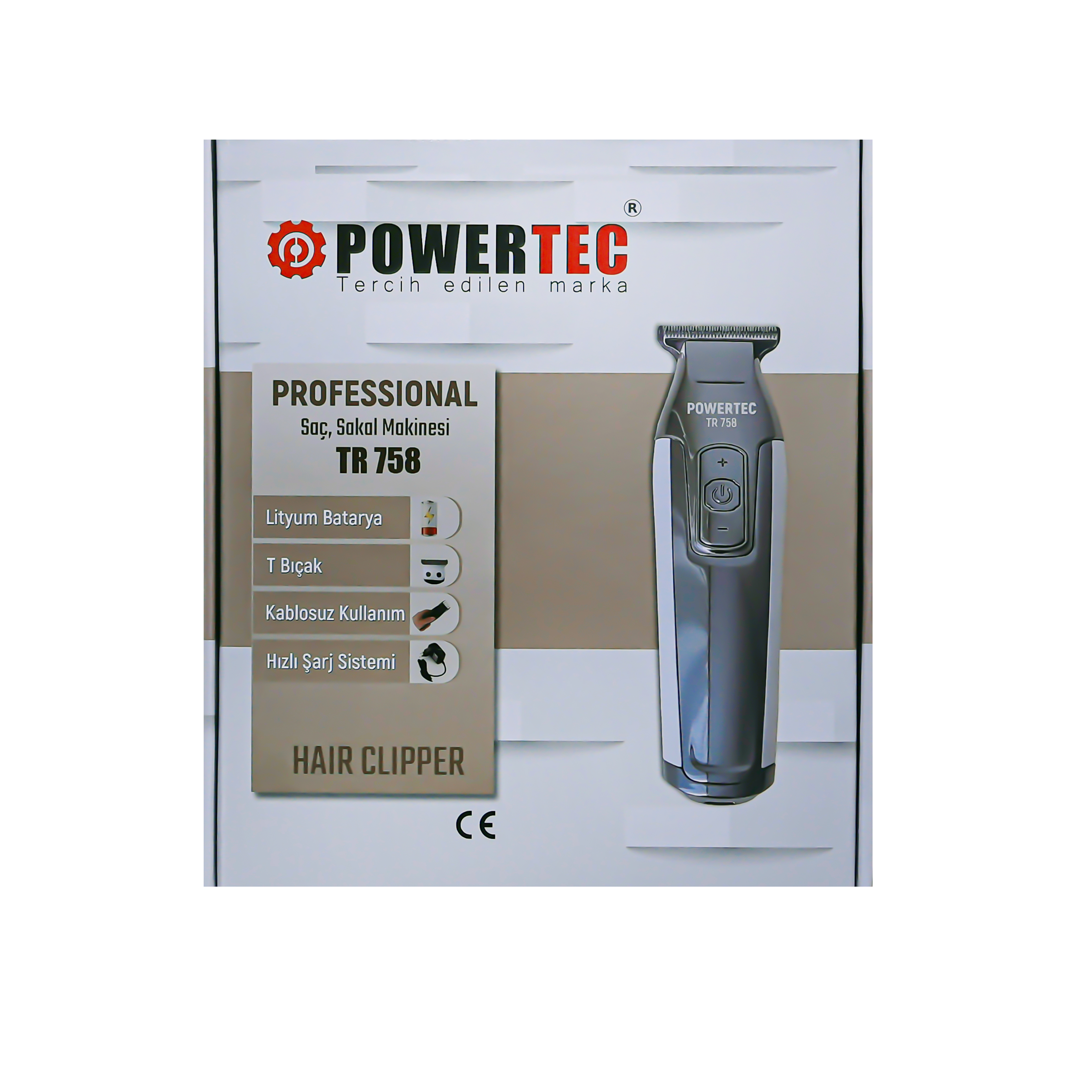 Powertec TR 758 saç kesme makinesi, aksesuarlar ve CE işareti ile.
