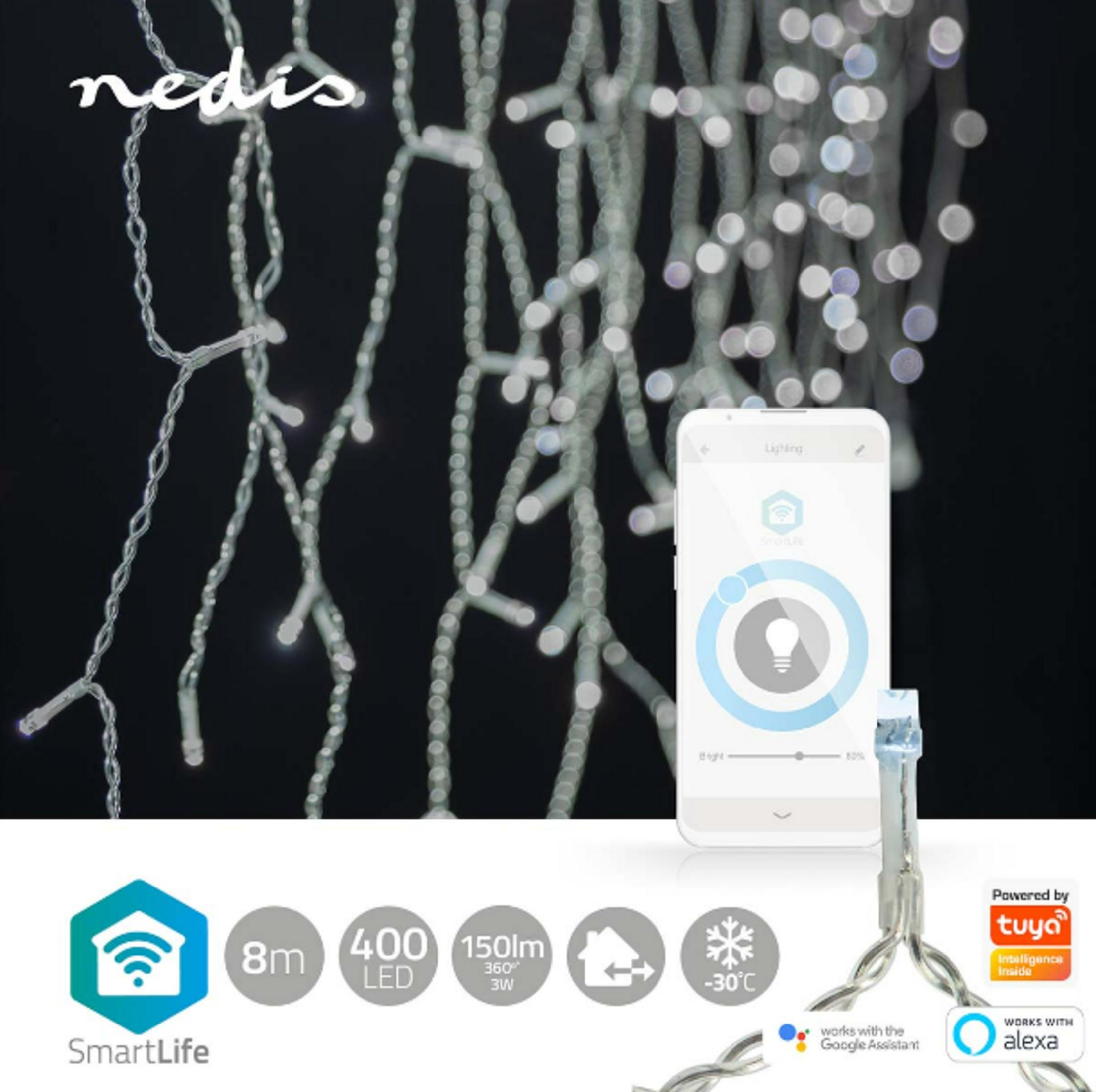 Nedis lichtsnoer met 400 LED's, 8m, Tuya SmartLife app, Google & Alexa compatibel.