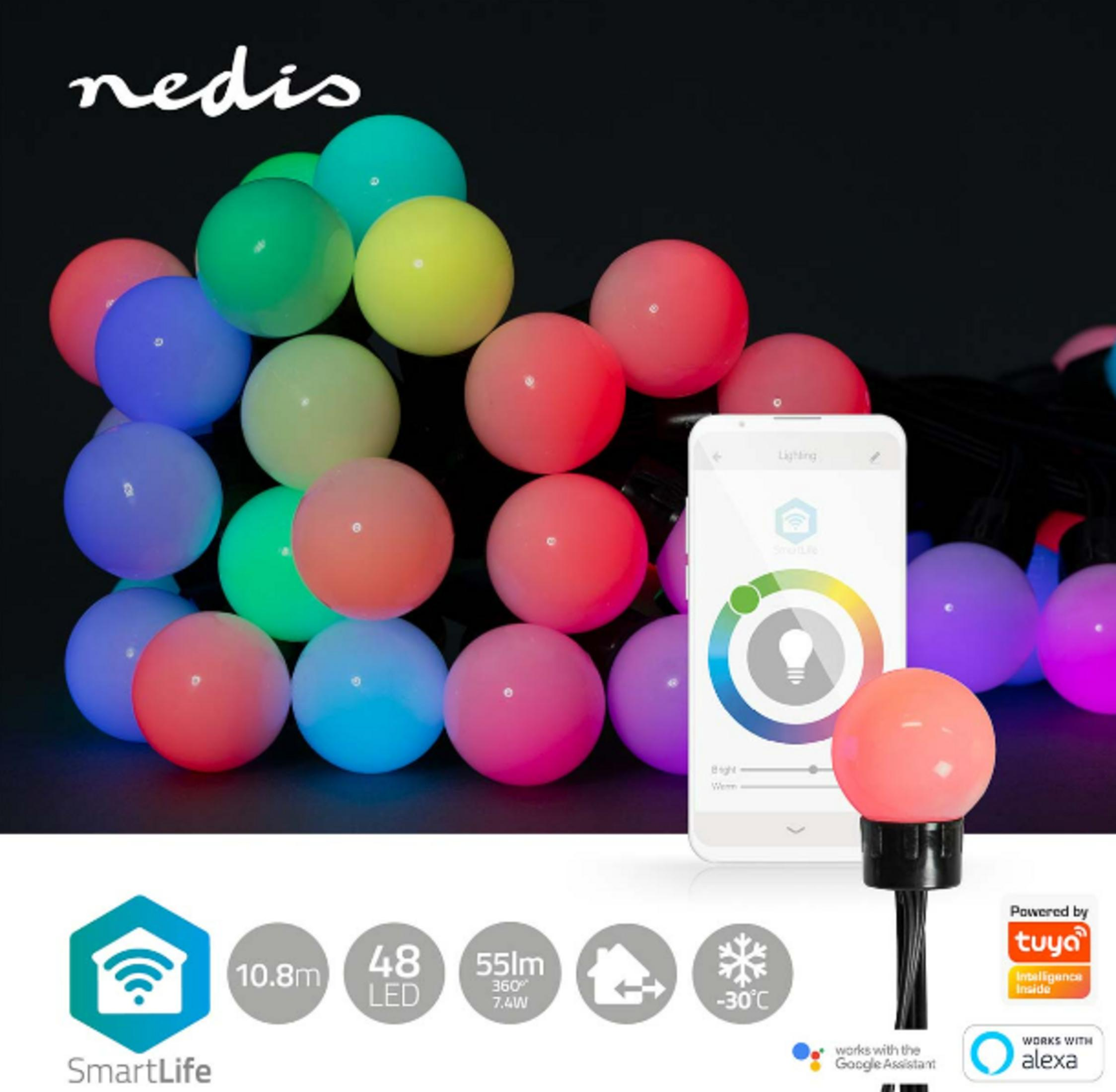 Kleurrijke LED-lichtslinger met app-bediening, 10,8m, 48 LED's, weerbestendig.