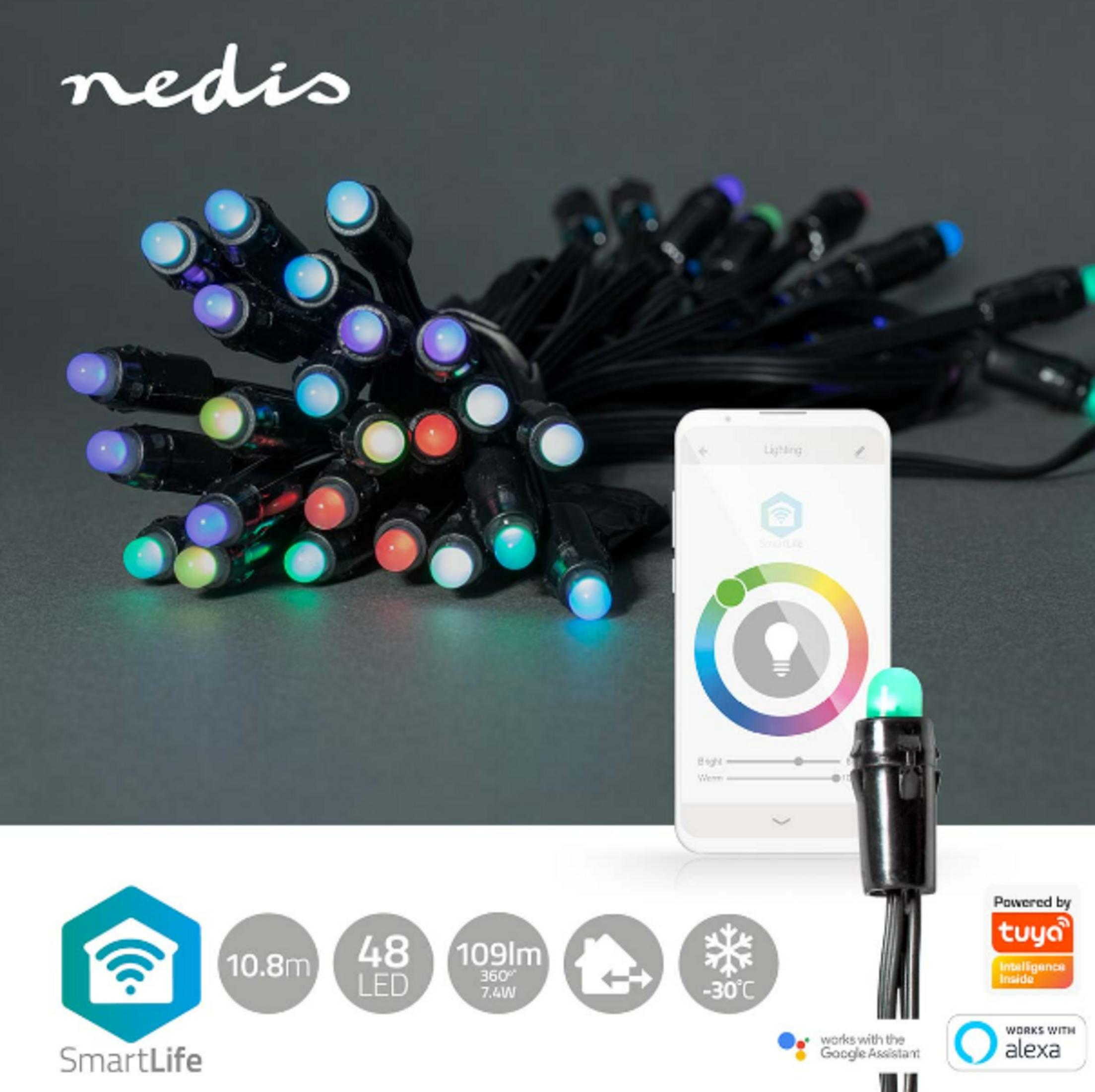 Nedis slimme kerstverlichting met gekleurde LED's en smartphone bediening.