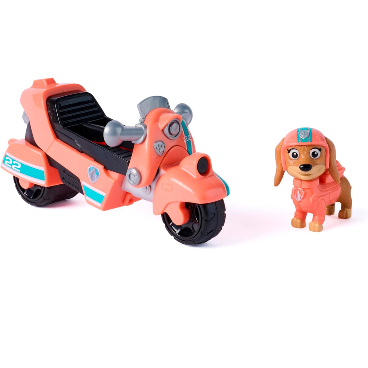 Una motocicleta coral con rayas azules y un perro con atuendo coral.