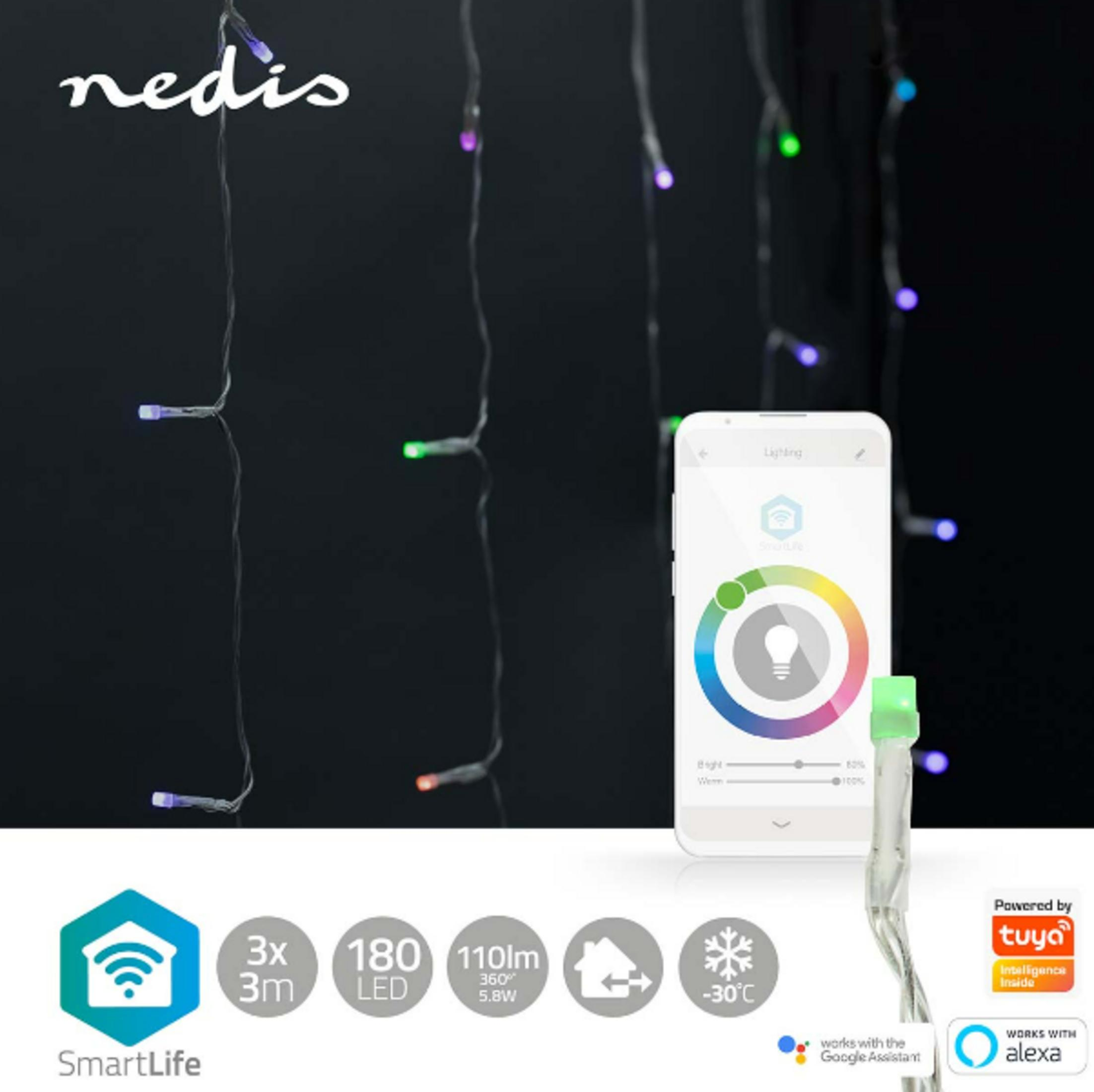 Nedis SmartLife app controls colored LED string lights. Specs: 3x3m, 180 LEDs, 110lm, -30C.