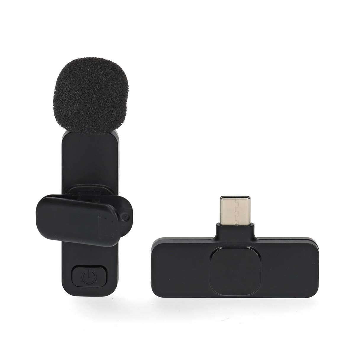 A black lapel microphone and a black USB-C receiver on a white background.