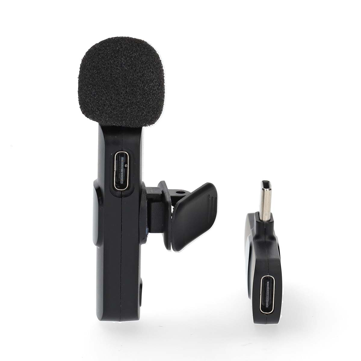 Two black lapel microphones with USB-C ports on a white background.