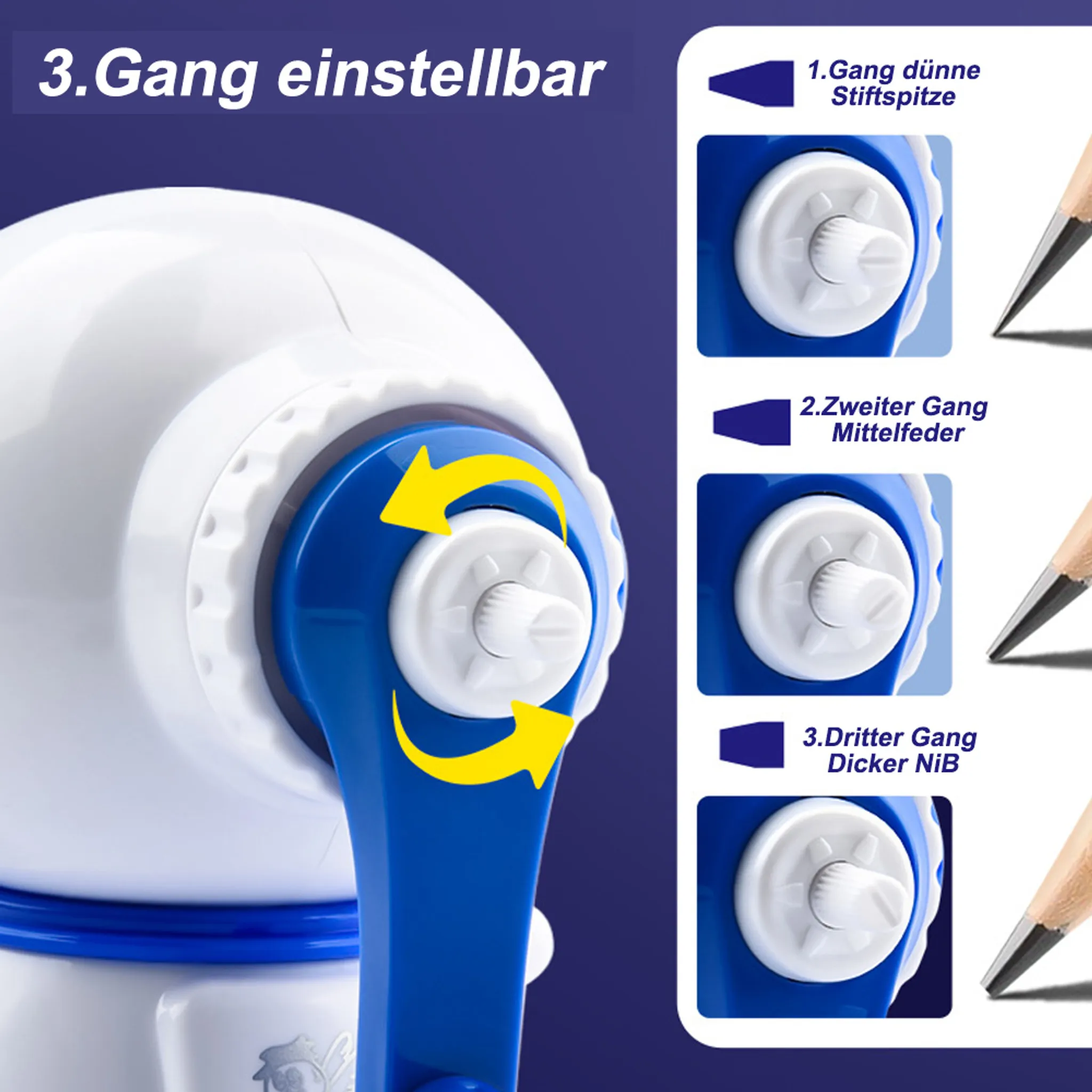 Ein weißer und blauer Spitzer mit Einstellrad und drei Bleistiftspitzen.