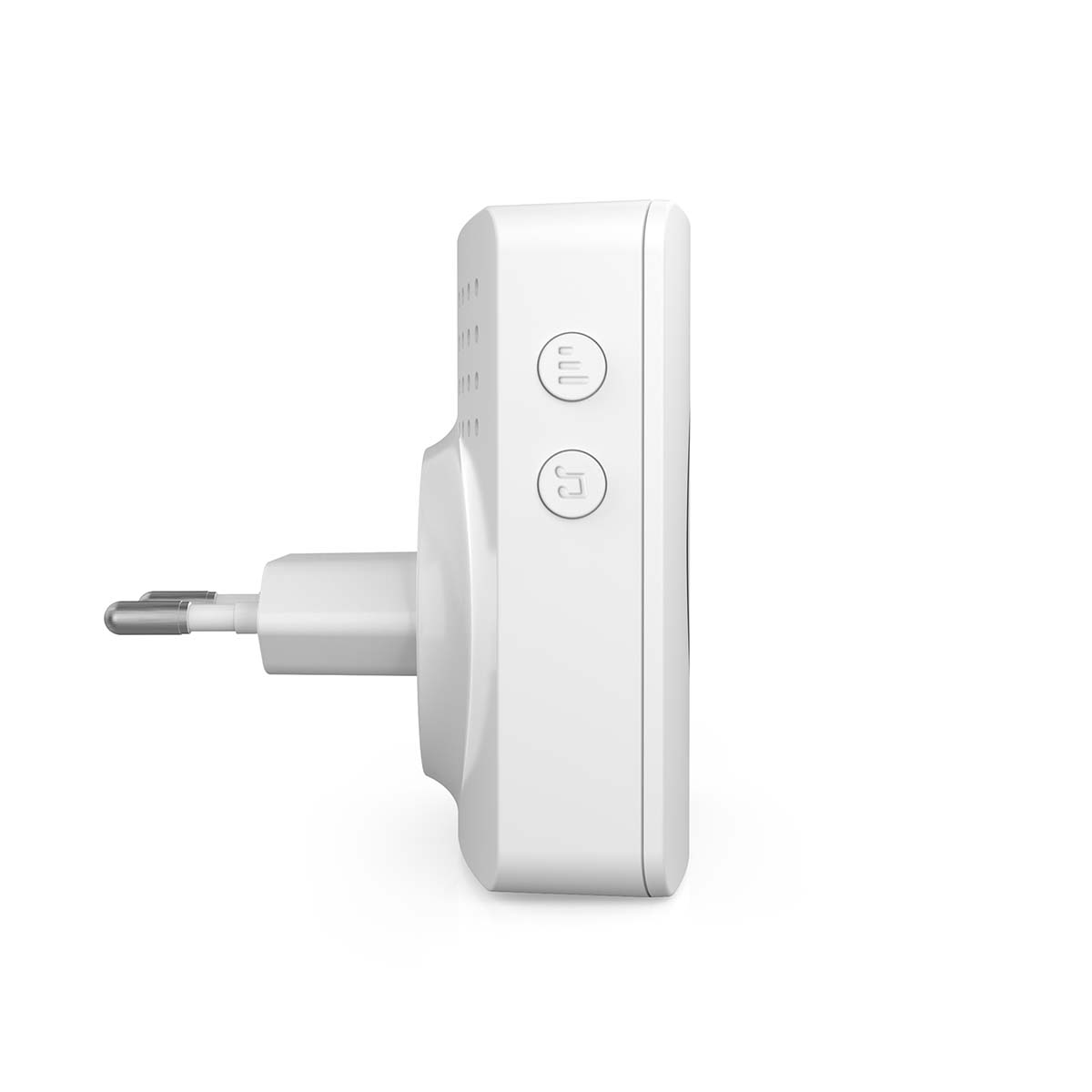 A white device with a plug and two buttons on the side.