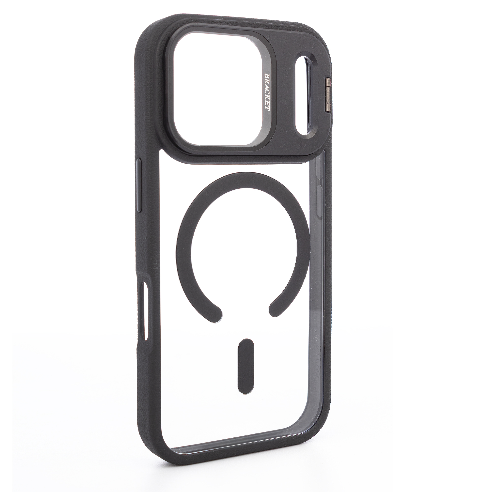 Custodia nera per iPhone con retro trasparente e anello MagSafe.