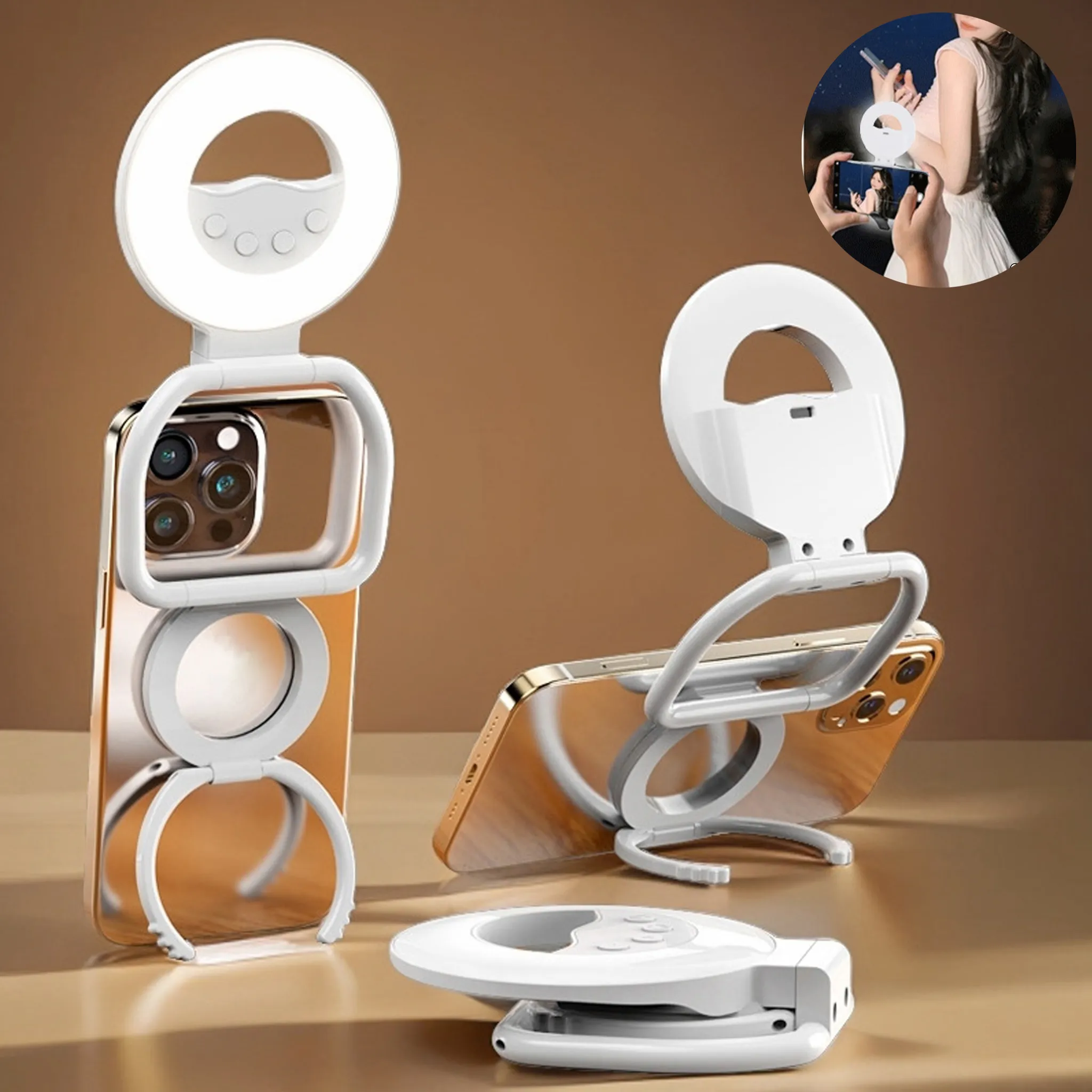 Ein weier Ringlicht-Ständer für Smartphones, der auf einem Tisch steht.