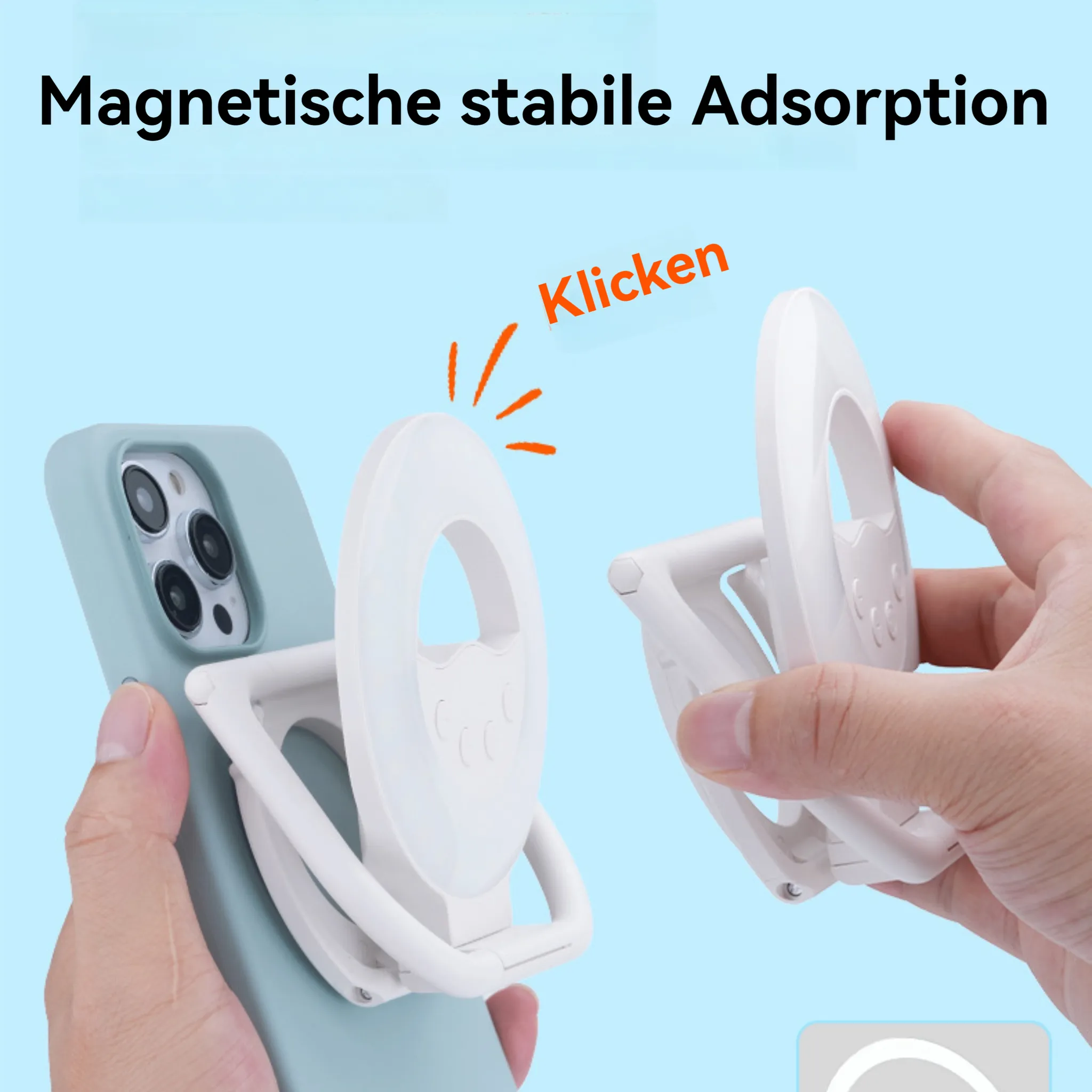 Eine weiße Handyhalterung wird an einem hellblauen Handy befestigt.
