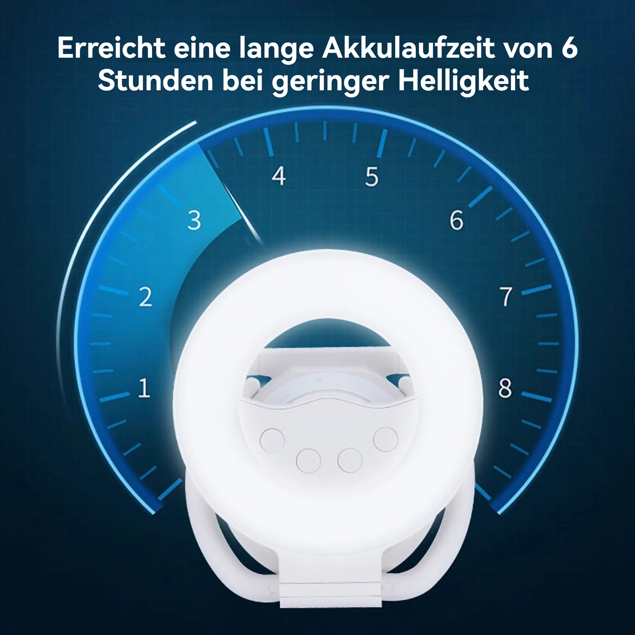 Ein weißes Gerät mit einem blauen Zifferblatt, das 6 Stunden Akkulaufzeit anzeigt.