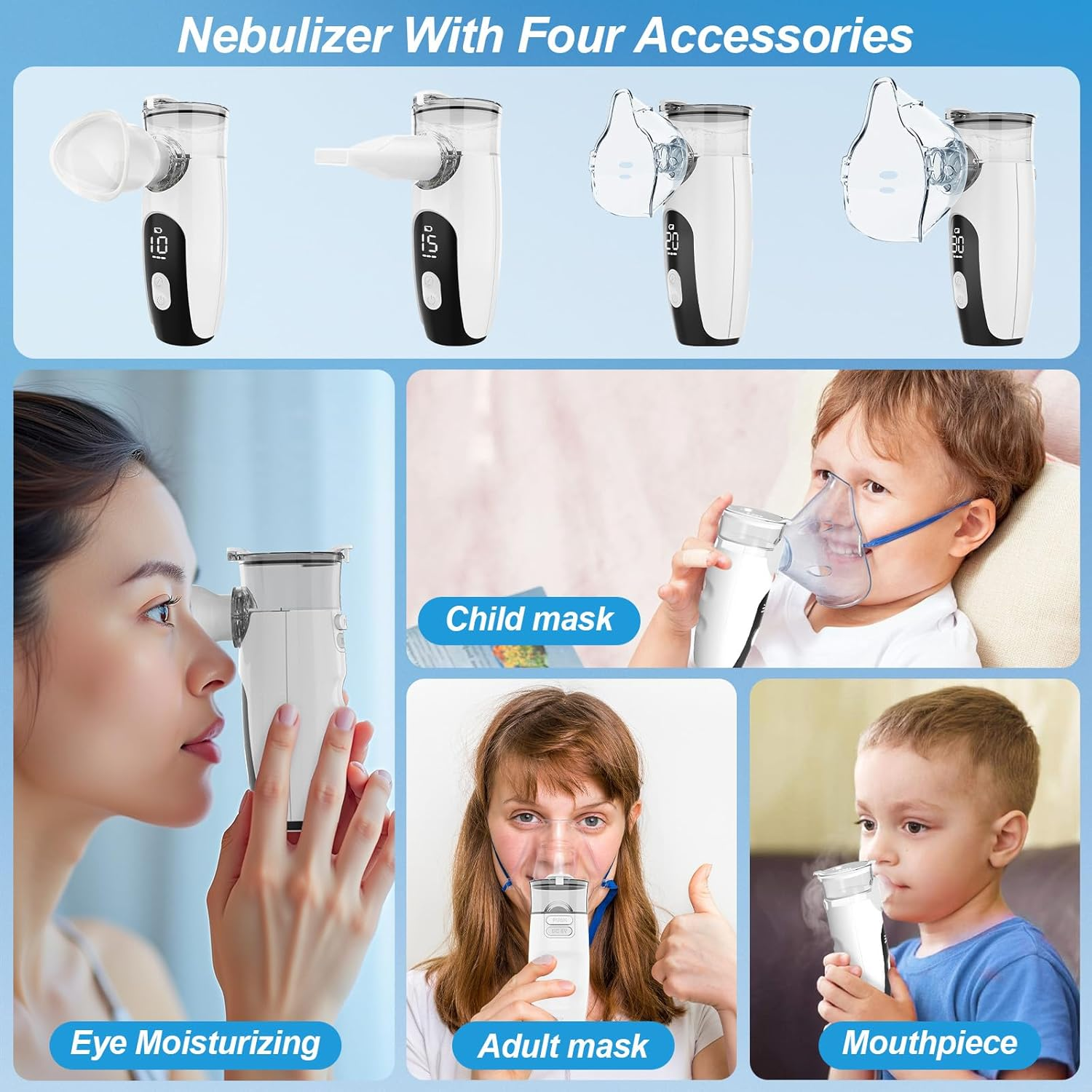 Ein Nebulizer-Set mit vier Zubehörteilen: ein Gerät für die Augenbefeuchtung, ein Kindermasken-Set, ein Erwachsenenmasken-Set und ein Mundstück.