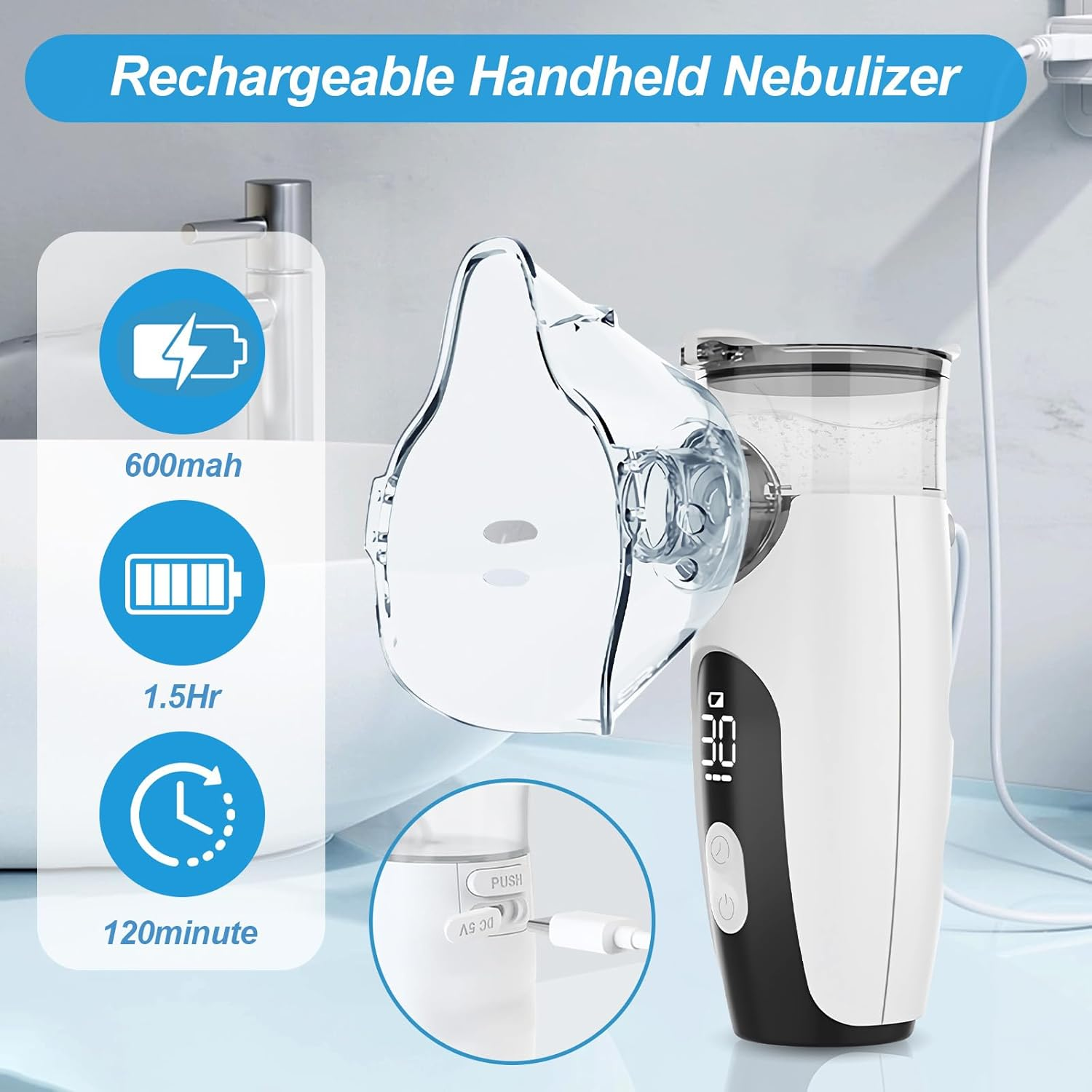 Ein weiß-schwarzes Hand-Inhalationsgerät mit klarer Maske, Ladekabel und Akkuanzeigen.