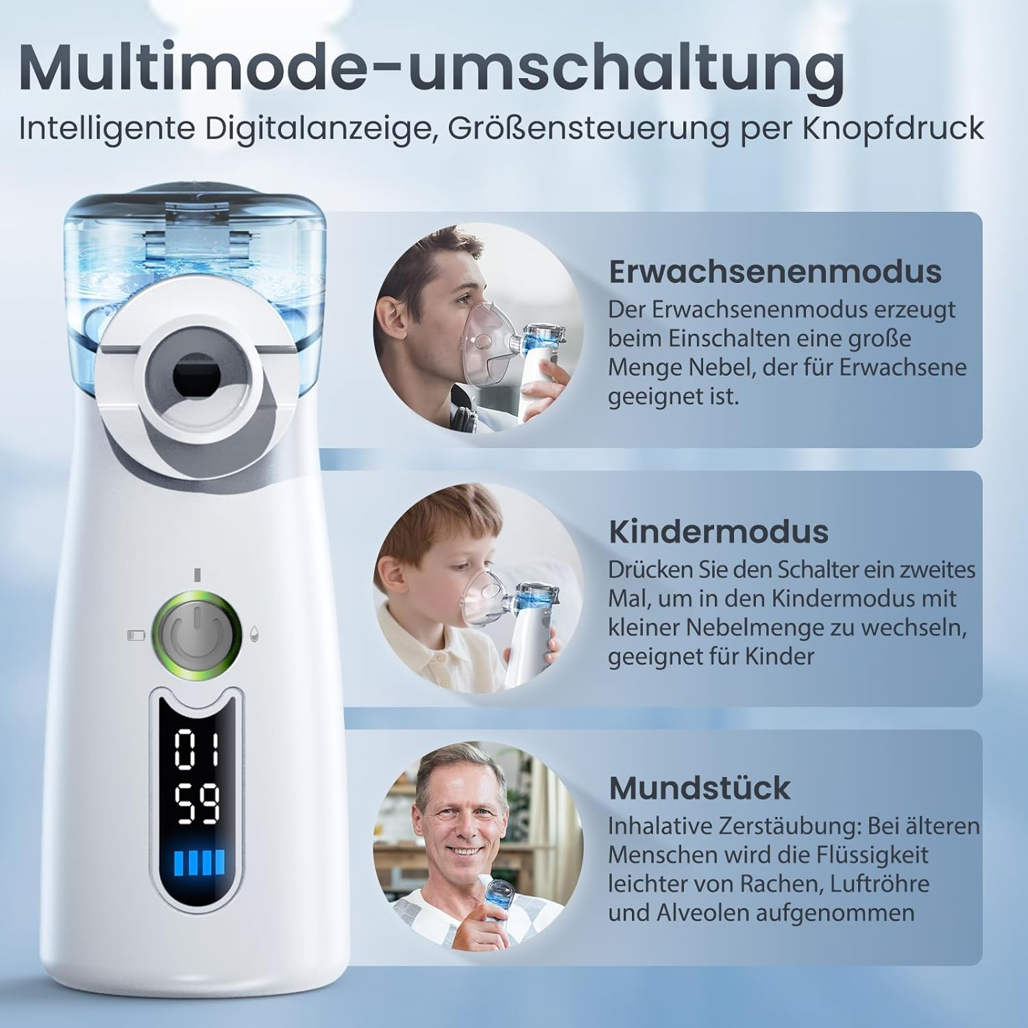 Ein Vernebler mit drei Modi: Erwachsene, Kinder und Mundstück. Digitale Anzeige.