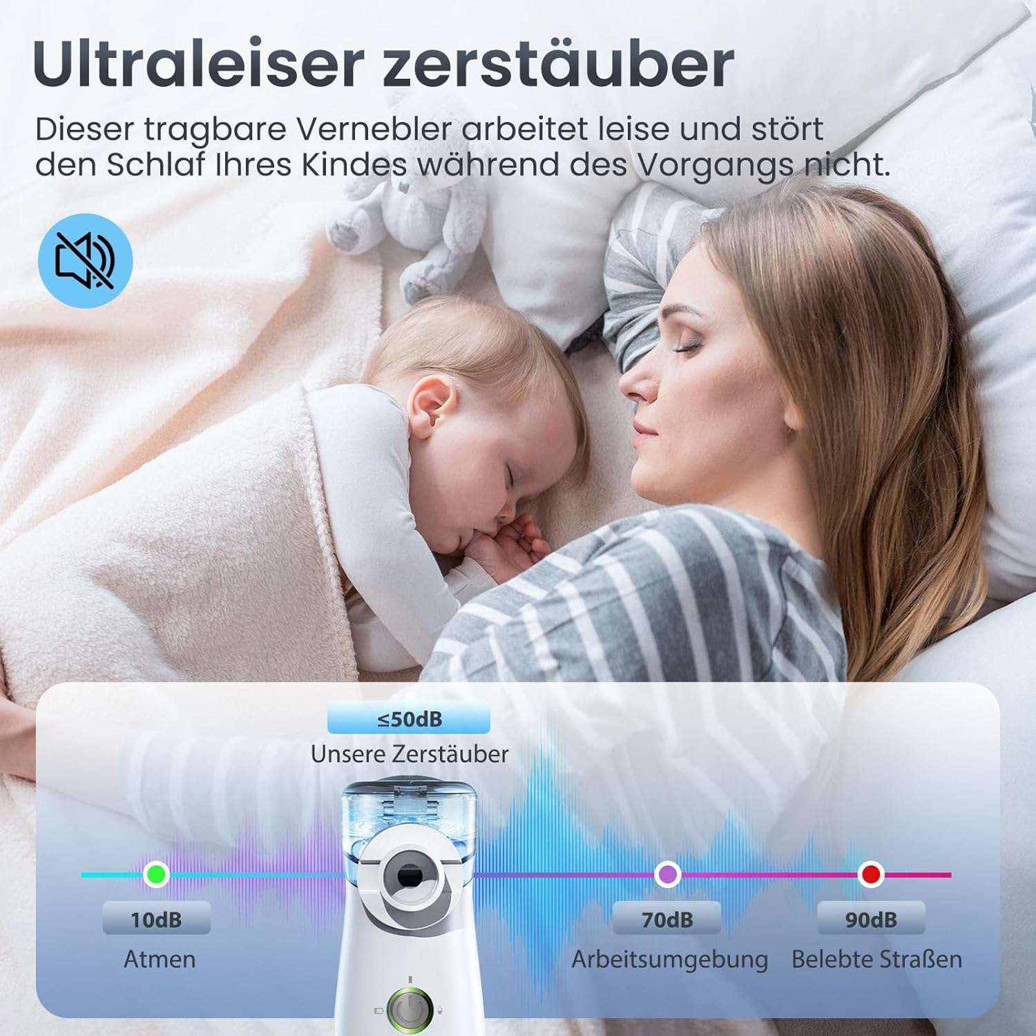 Mutter und Kind schlafen, ein Vernebler ist leise und stört nicht.