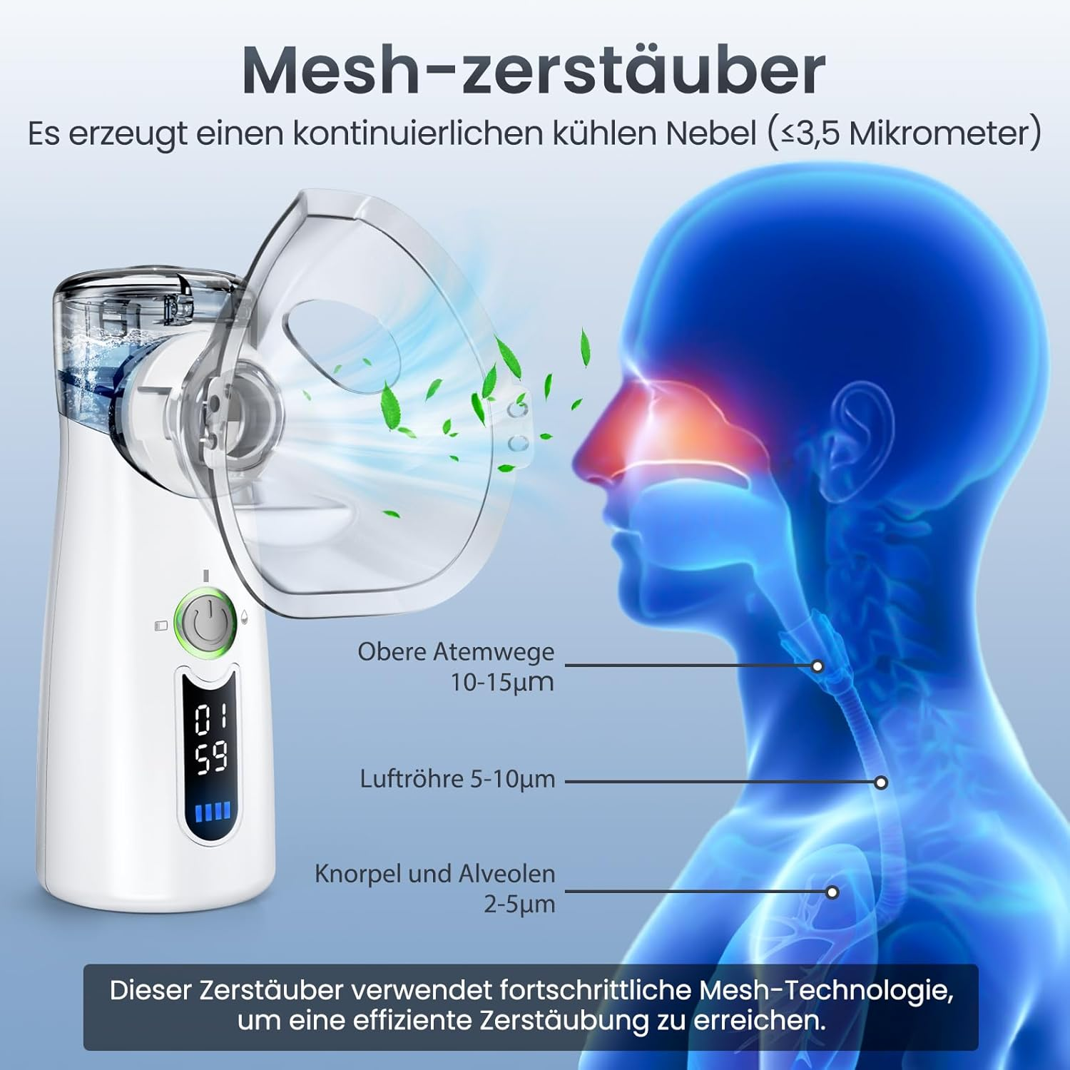 Ein weißer Mesh-Zerstäuber erzeugt feinen Nebel für die Atemwege.