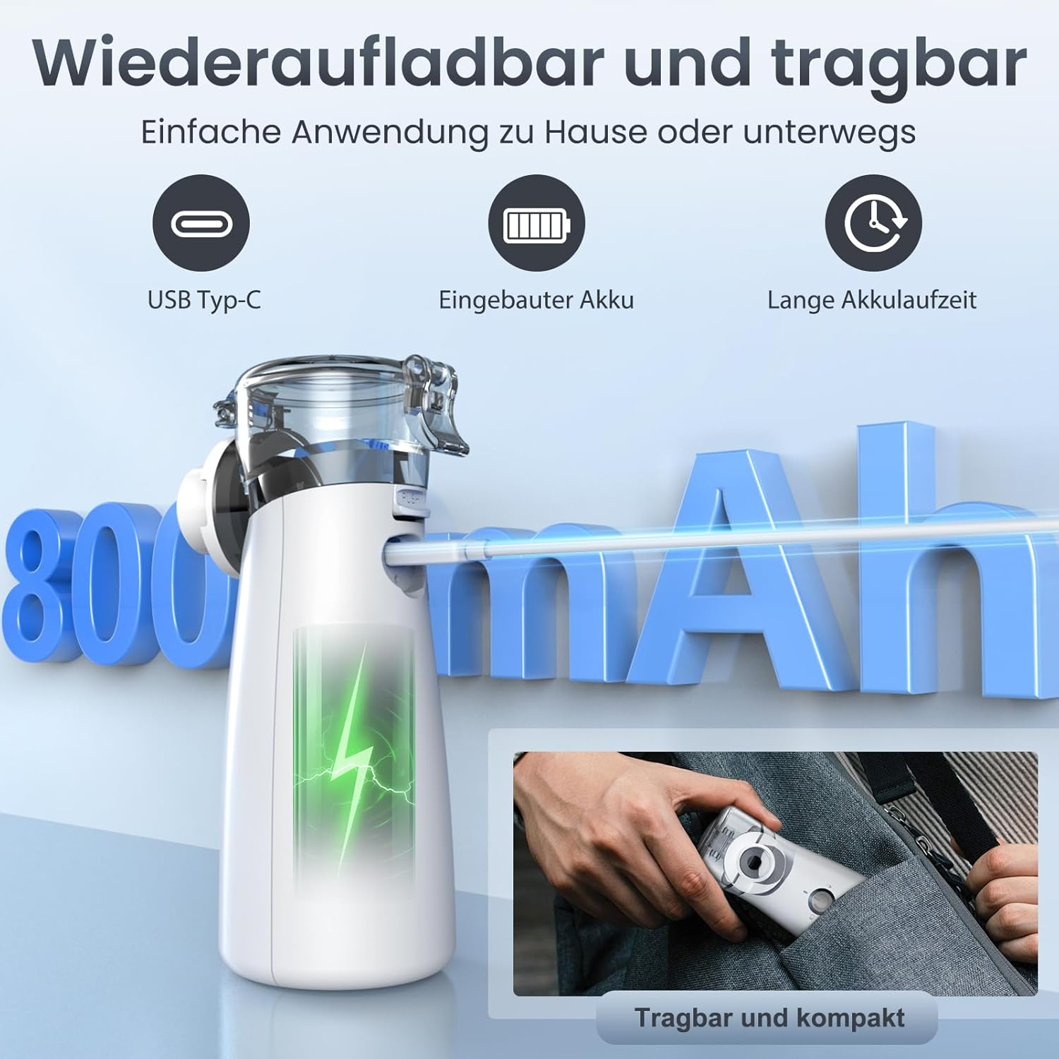 Wiederaufladbarer Vernebler mit USB-C, eingebautem Akku, langer Laufzeit und kompakter Form.
