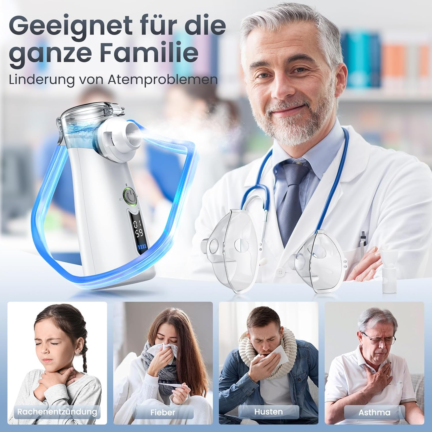 Arzt, Vernebler und vier Personen mit Atemwegsproblemen: Halsschmerzen, Fieber, Husten, Asthma.