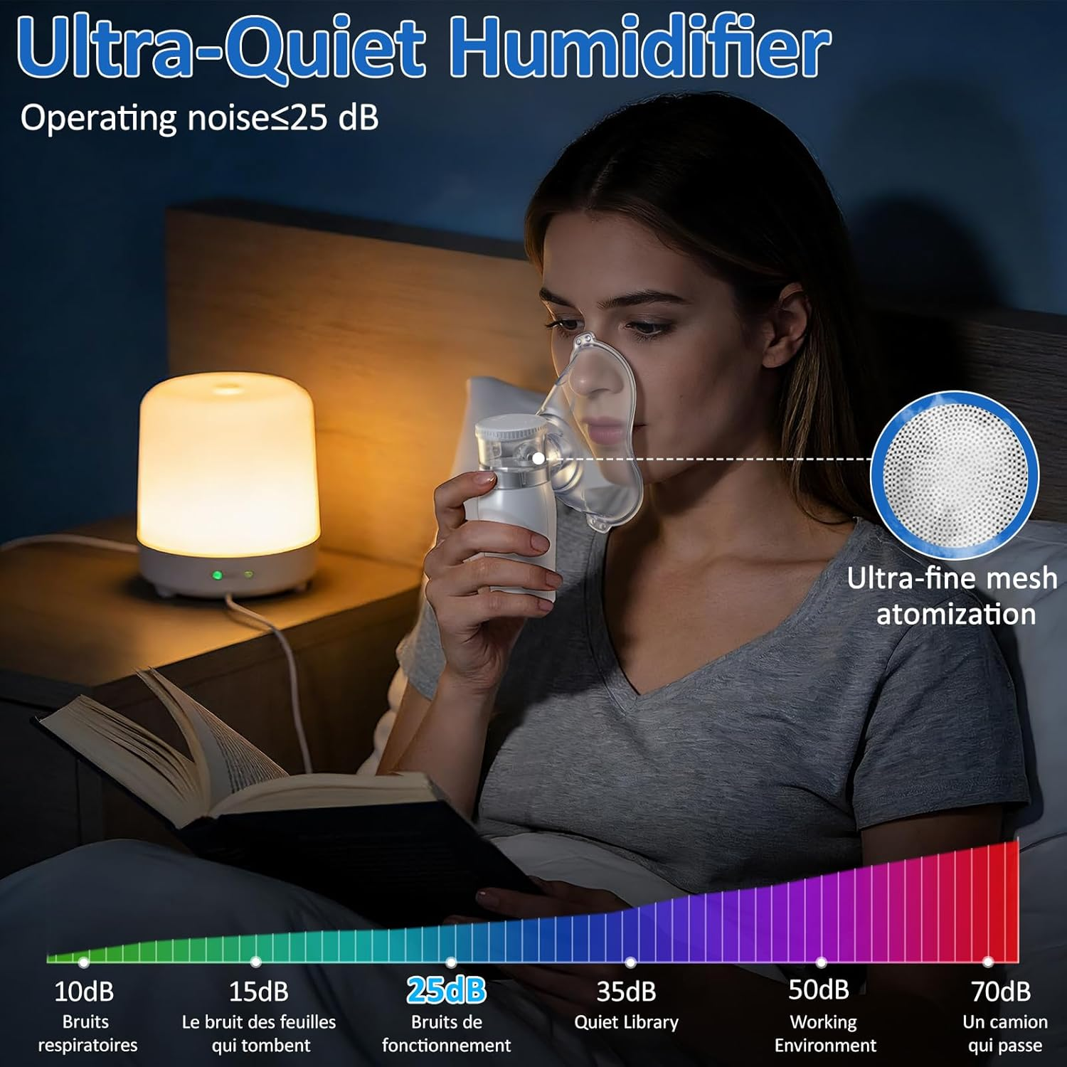 Frau mit Vernebler im Bett, Nachttischlampe, Buch und Schallpegelanzeige.