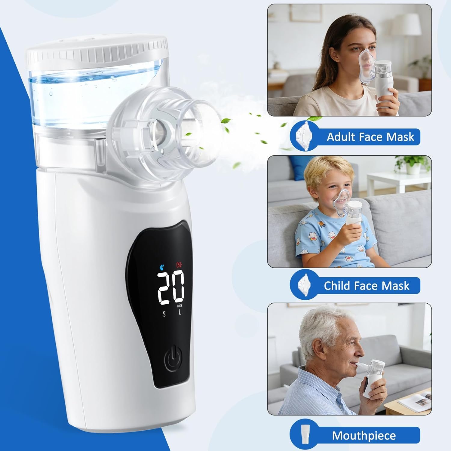 Ein Vernebler mit Wasserbehälter und digitaler Anzeige, mit Masken für Erwachsene, Kinder und Mundstück.