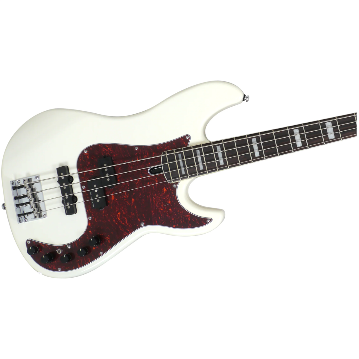 Kaplumbağa kabuğu pena ve gümüş donanıma sahip beyaz elektro bas gitar.