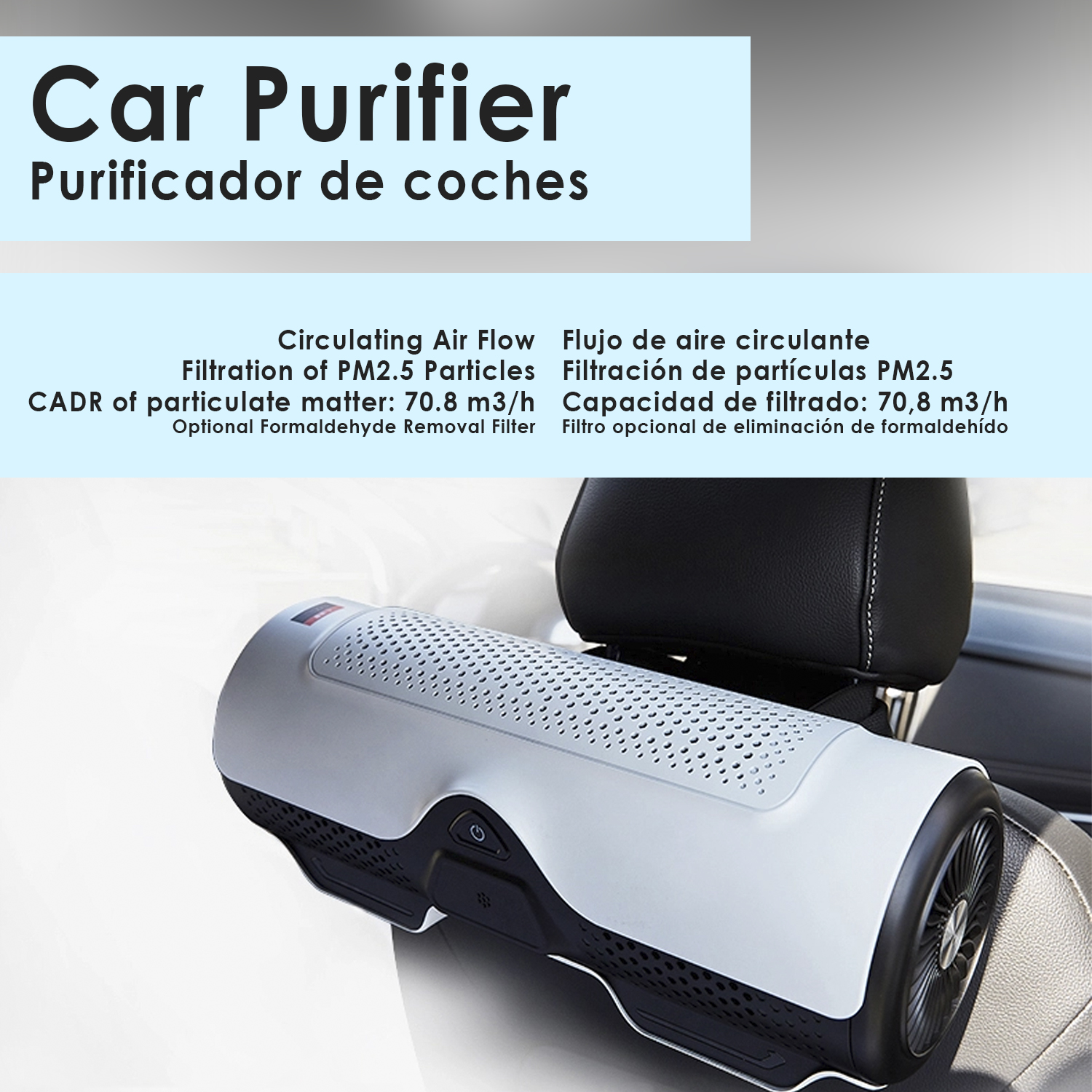 Un purificatore d'aria per auto bianco con prese d'aria, posizionato su un sedile dell'auto.