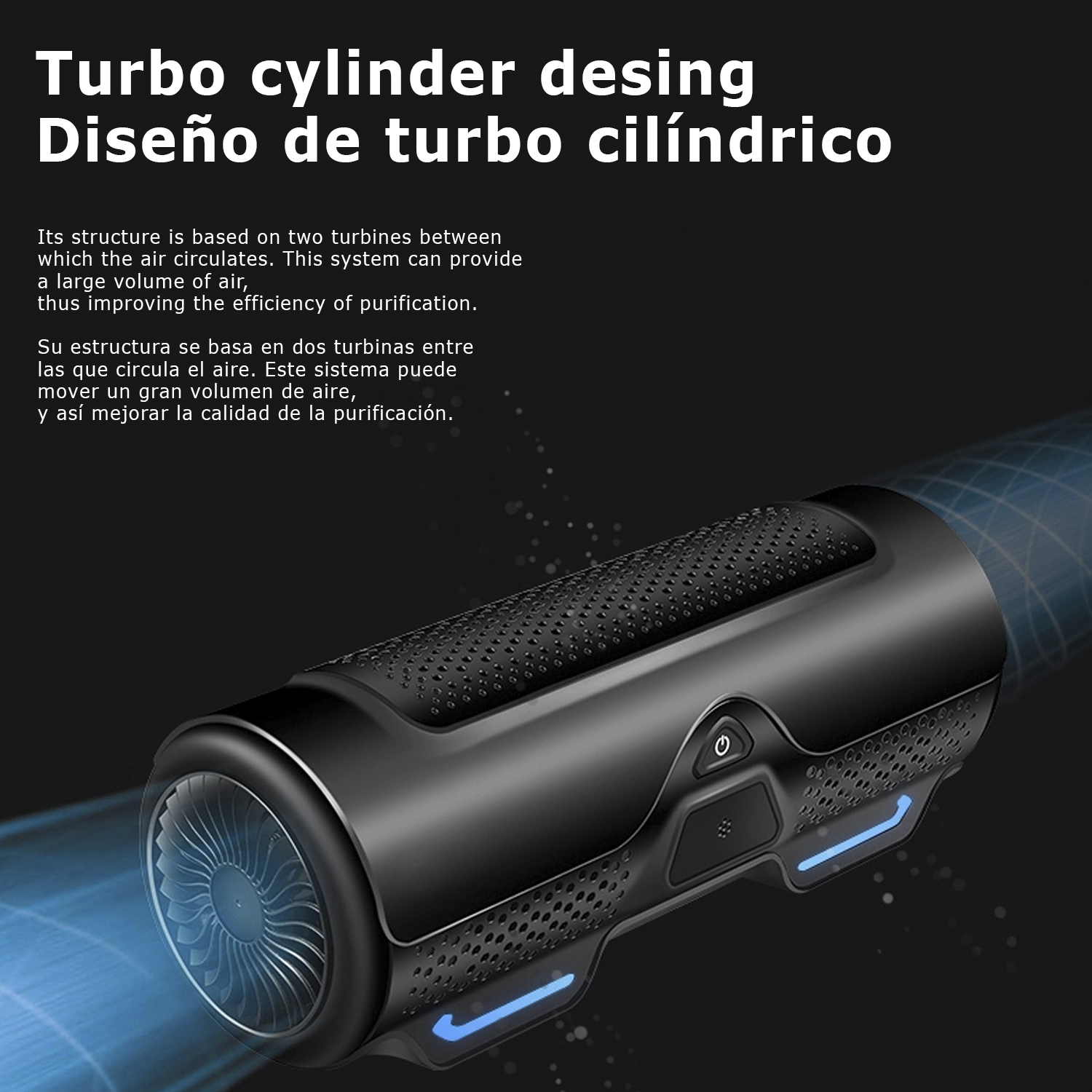 Un purificatore d'aria turbo nero con accenti blu e turbina.