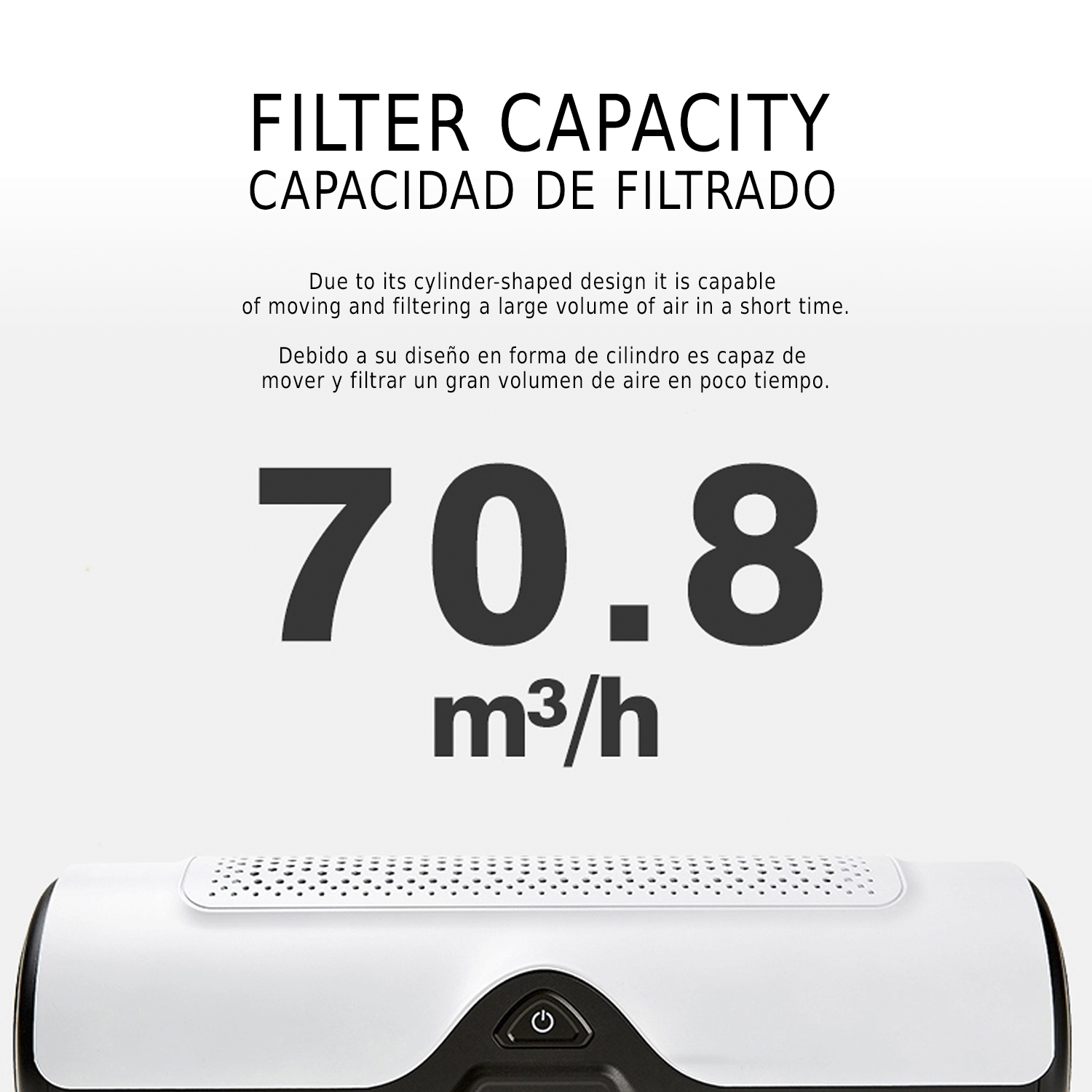 Purificatore d'aria con capacità di filtrazione 70,8 m³/h e design cilindrico.