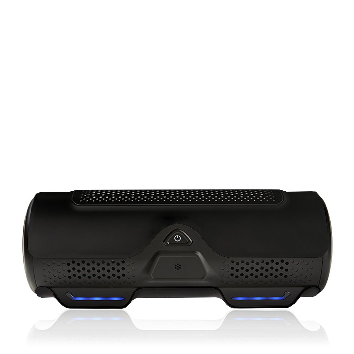 Un purificatore d'aria nero con pulsante di accensione e luci blu.