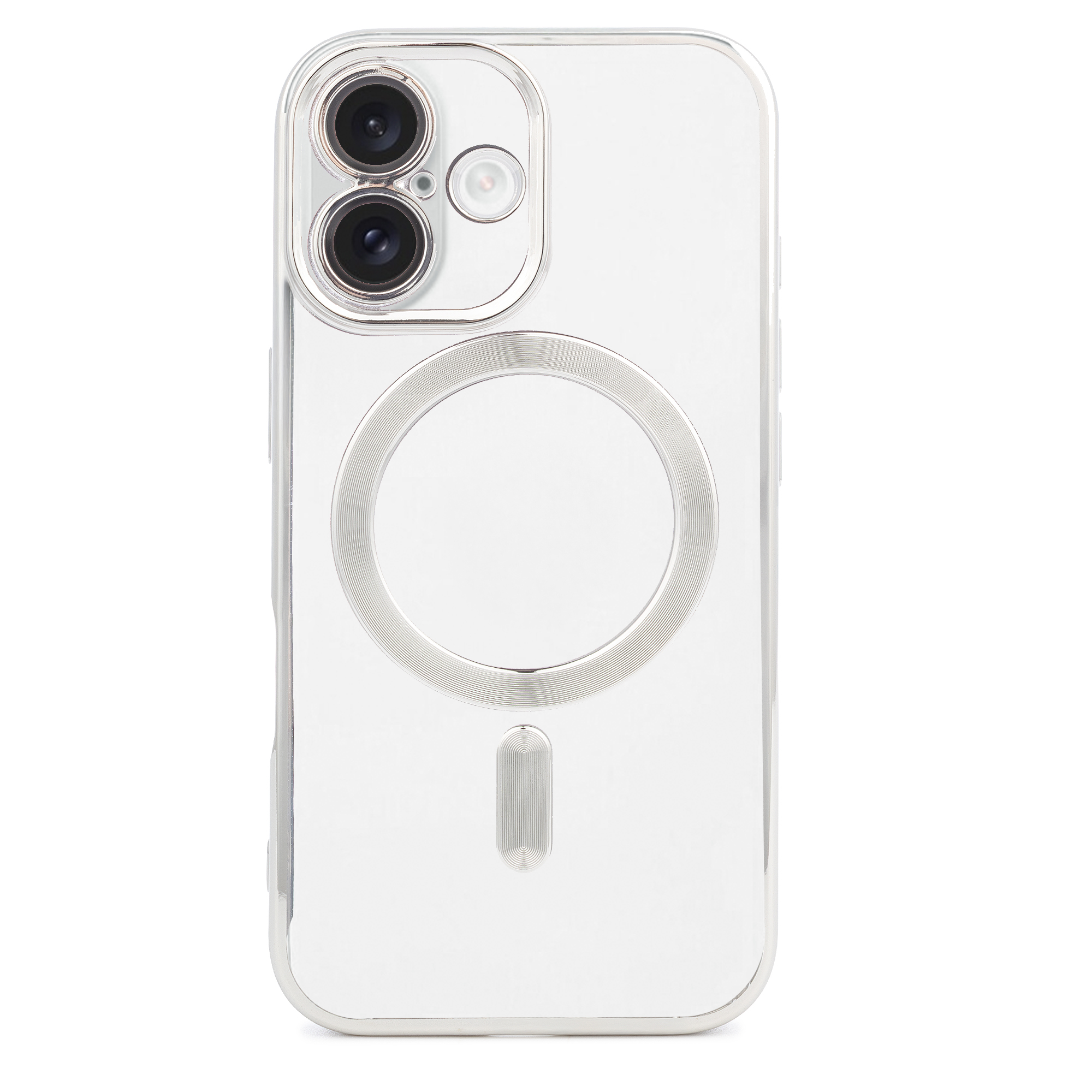 Custodia trasparente per telefono con anello MagSafe e due fotocamere su sfondo bianco.