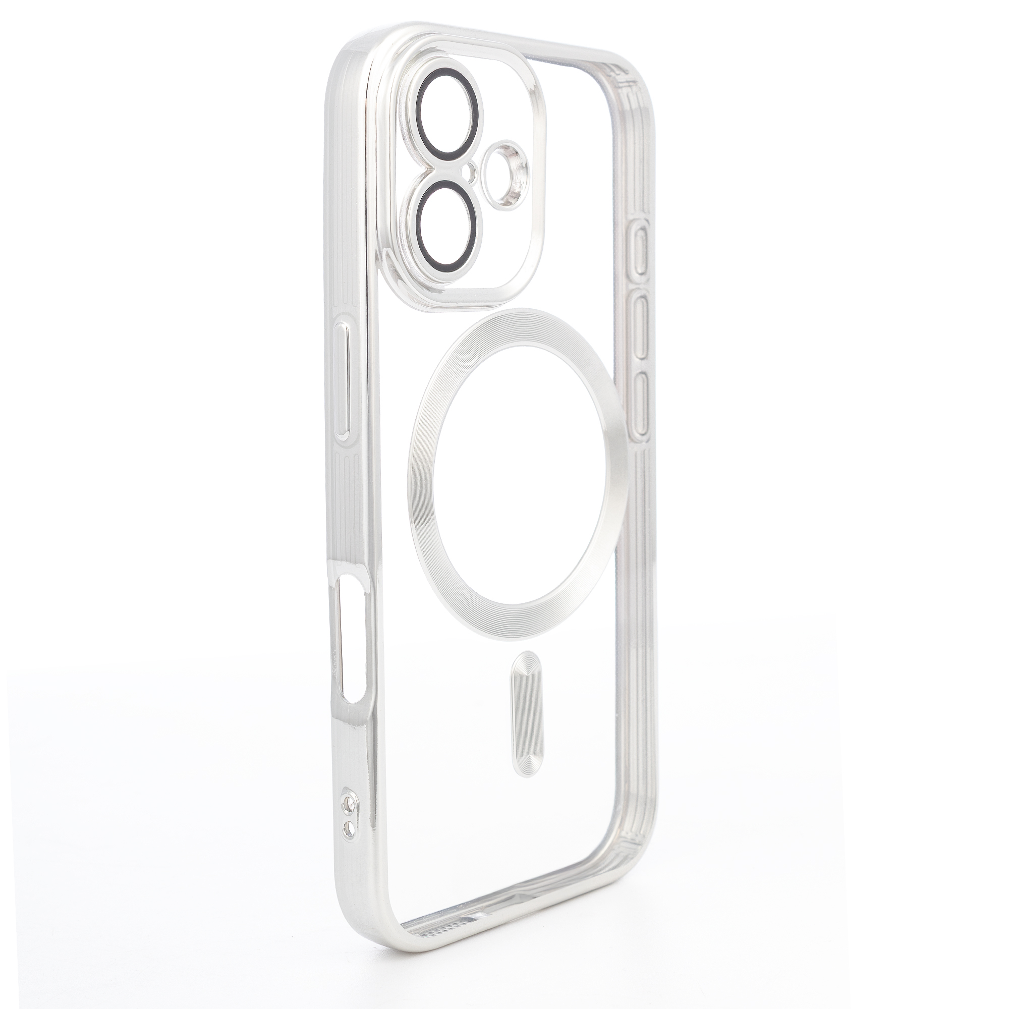 Una cover trasparente per telefono con accenti argentati e ritaglio fotocamera.