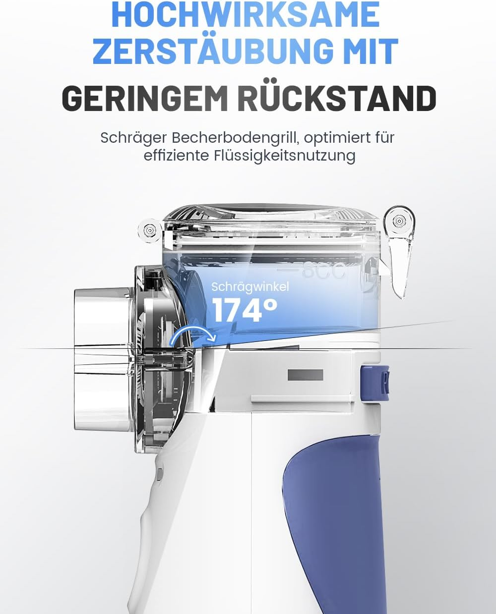 Ein Gerät mit blauem und weißem Gehäuse, das eine Flüssigkeit mit 174 Grad Winkel zeigt.