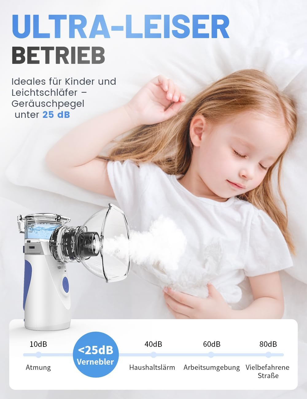 Ein Kind schläft, während ein Vernebler leisen Betrieb für Kinder und Leichtschläfer anzeigt.