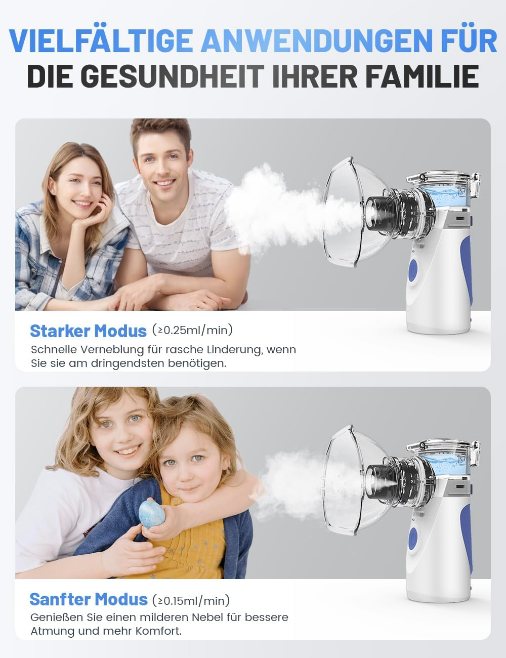 Mann und Frau lächeln, Nebel kommt aus Inhalator. Kinder lächeln, Nebel kommt aus Inhalator.