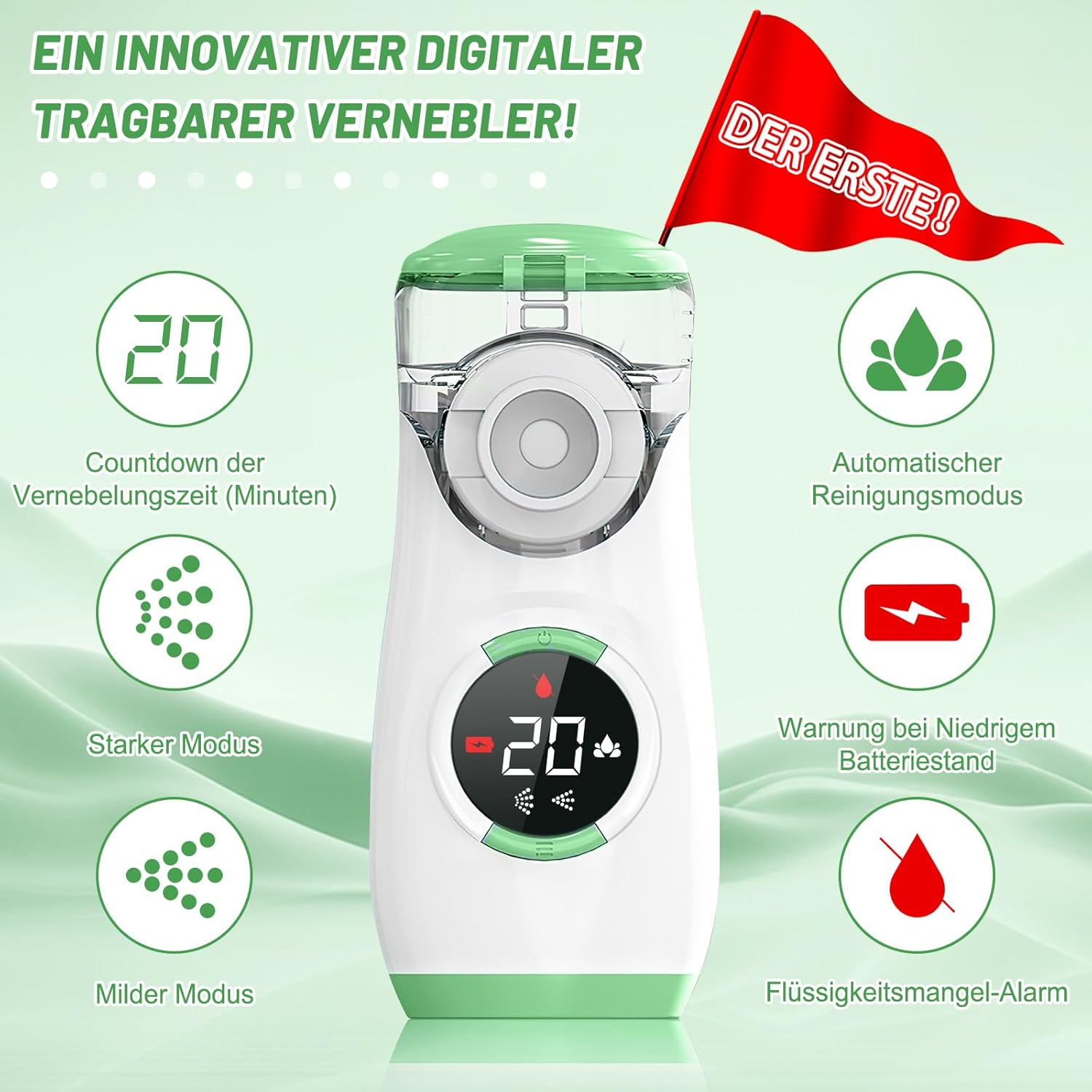Ein innovativer digitaler tragbarer Vernebler mit verschiedenen Modi und Anzeigen.