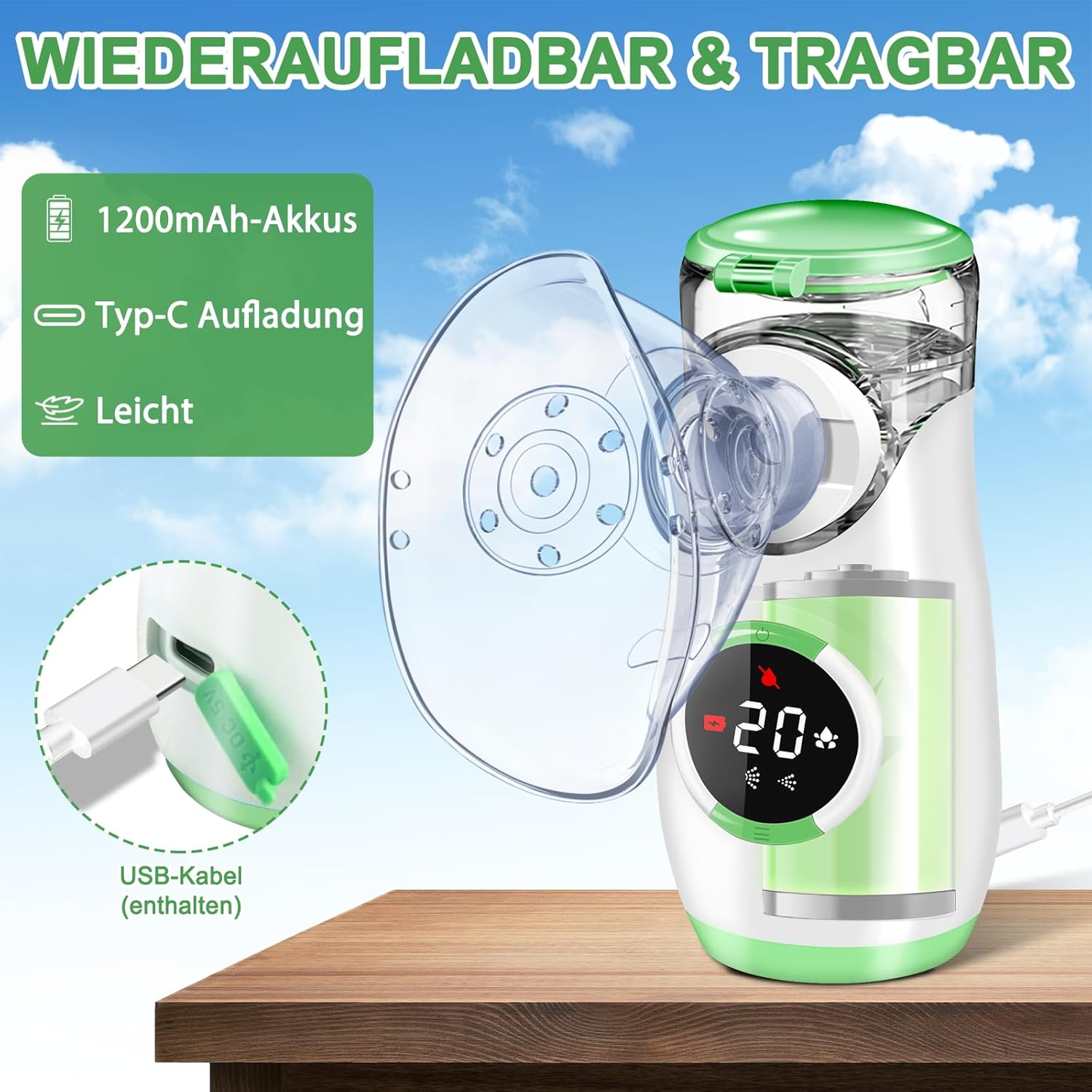Ein weißer und grüner Vernebler mit 1200mAh Akku und Typ-C Ladeanschluss.