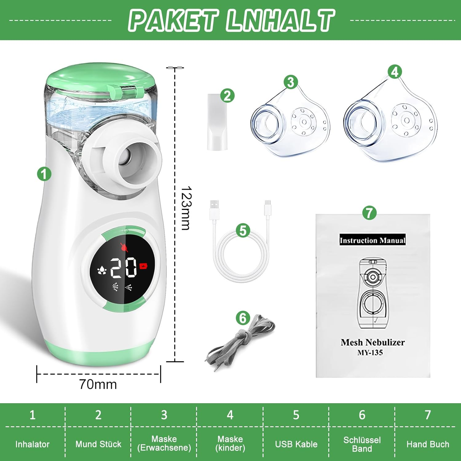 Ein Mesh-Inhalator-Set mit Masken, USB-Kabel, Band und Handbuch.