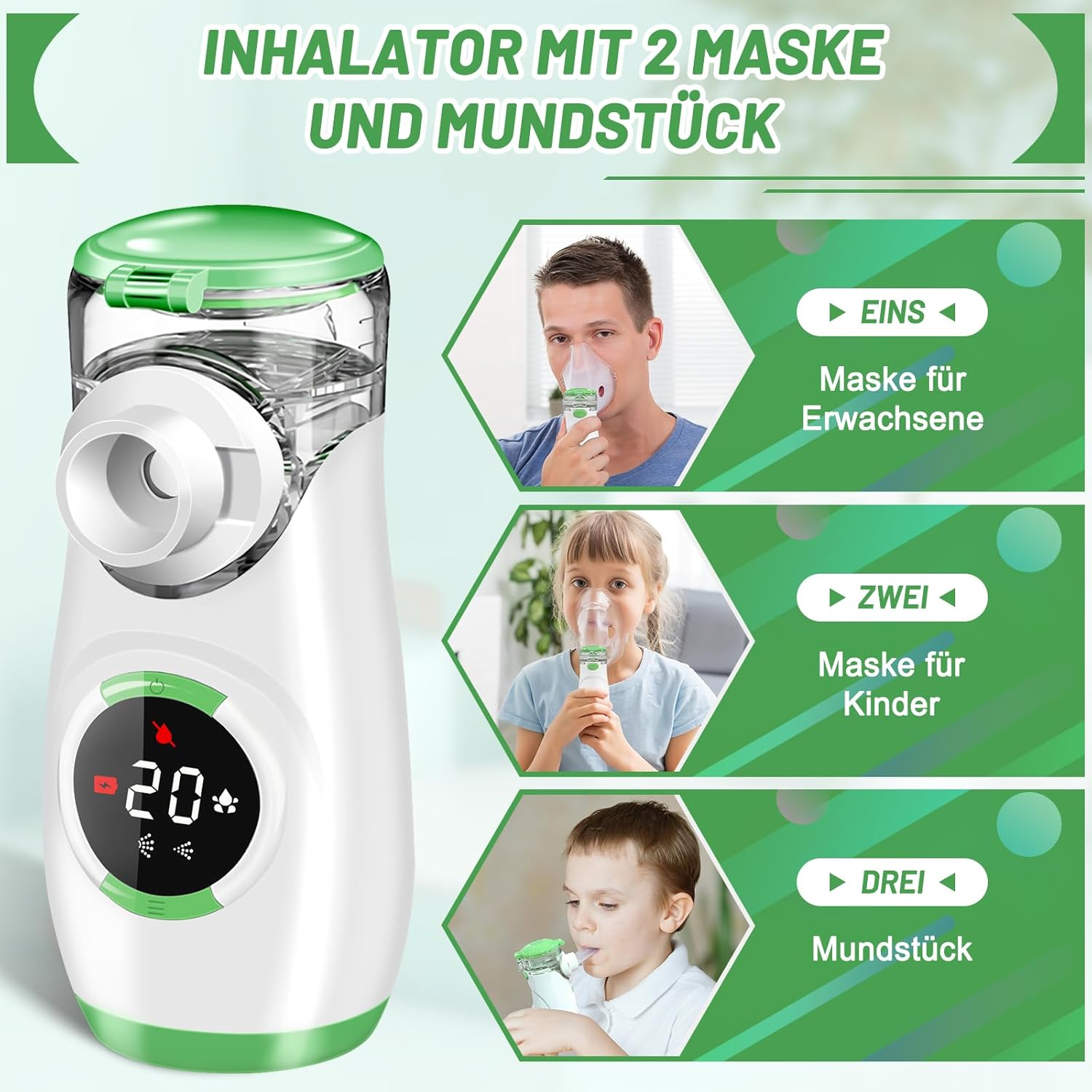 Ein weißer und grüner Inhalator mit drei Bildern: Mann mit Maske, Kind mit Maske, Kind mit Mundstück.