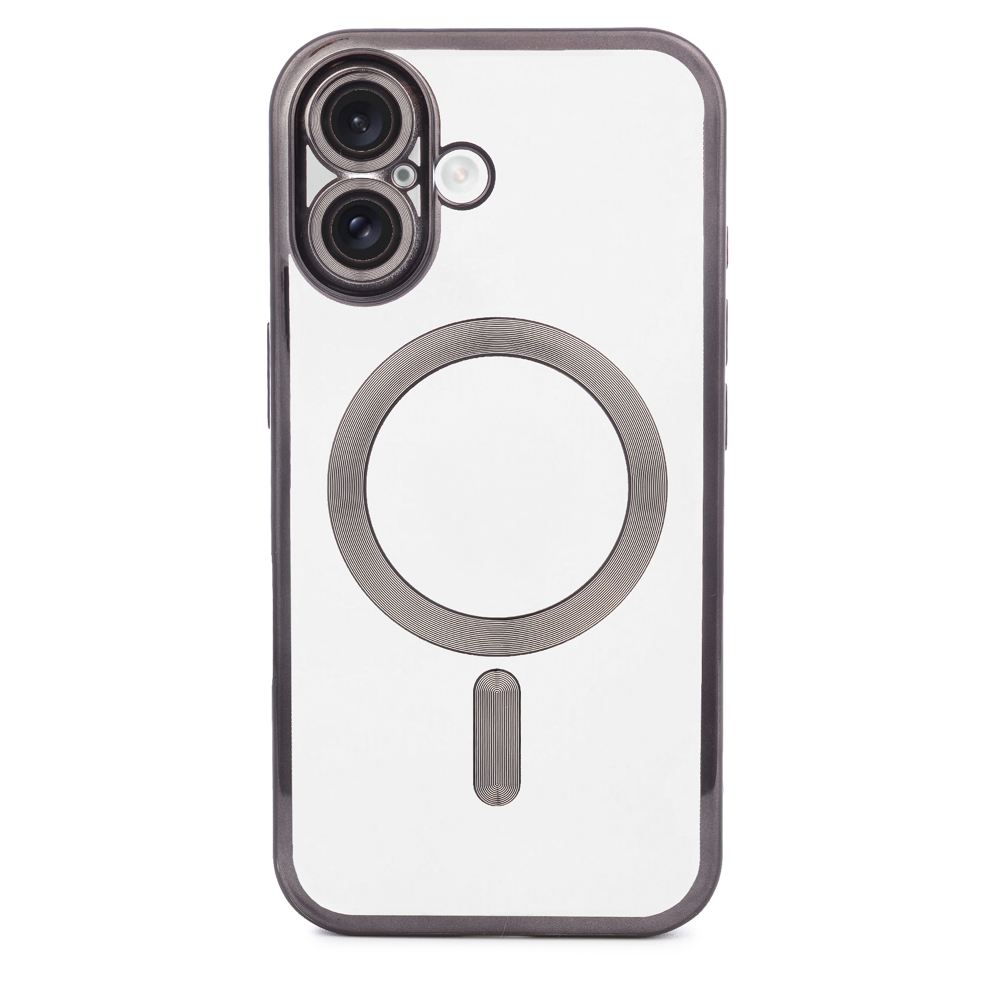 Retro di una custodia trasparente per telefono con cornice scura e modulo fotocamera.