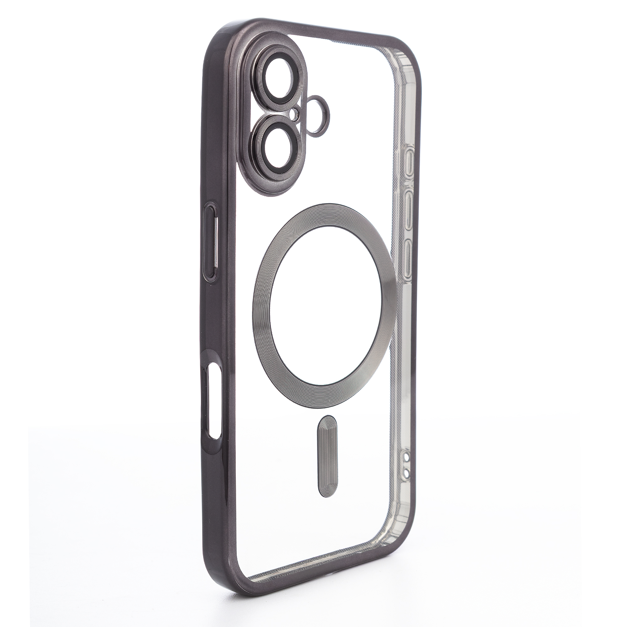 Custodia trasparente per telefono con cornice scura per fotocamere iPhone e MagSafe.