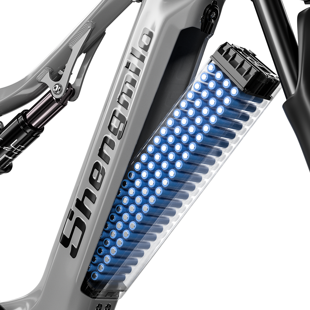 Telaio e-bike con celle batteria blu visibili all'interno di un alloggiamento trasparente.