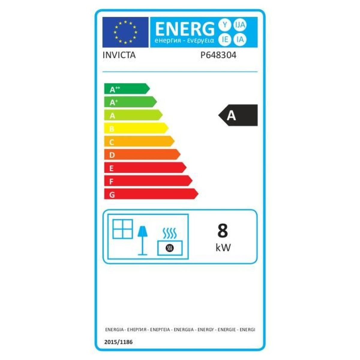 Energielabel für Invicta P648304: Energieeffizienzklasse A, 8 kW Leistung.
