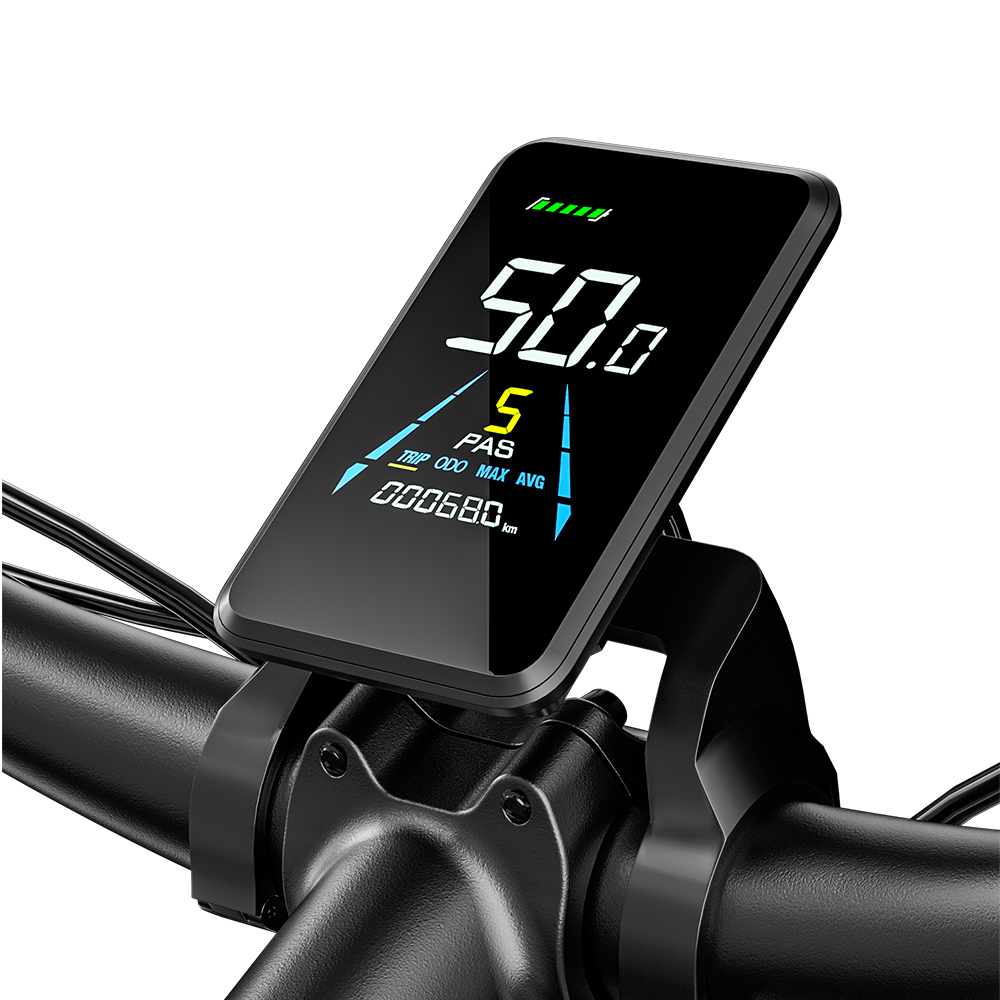 Display e-bike mostra 50 km/h, livello batteria, marcia 5 e 680 km totali.
