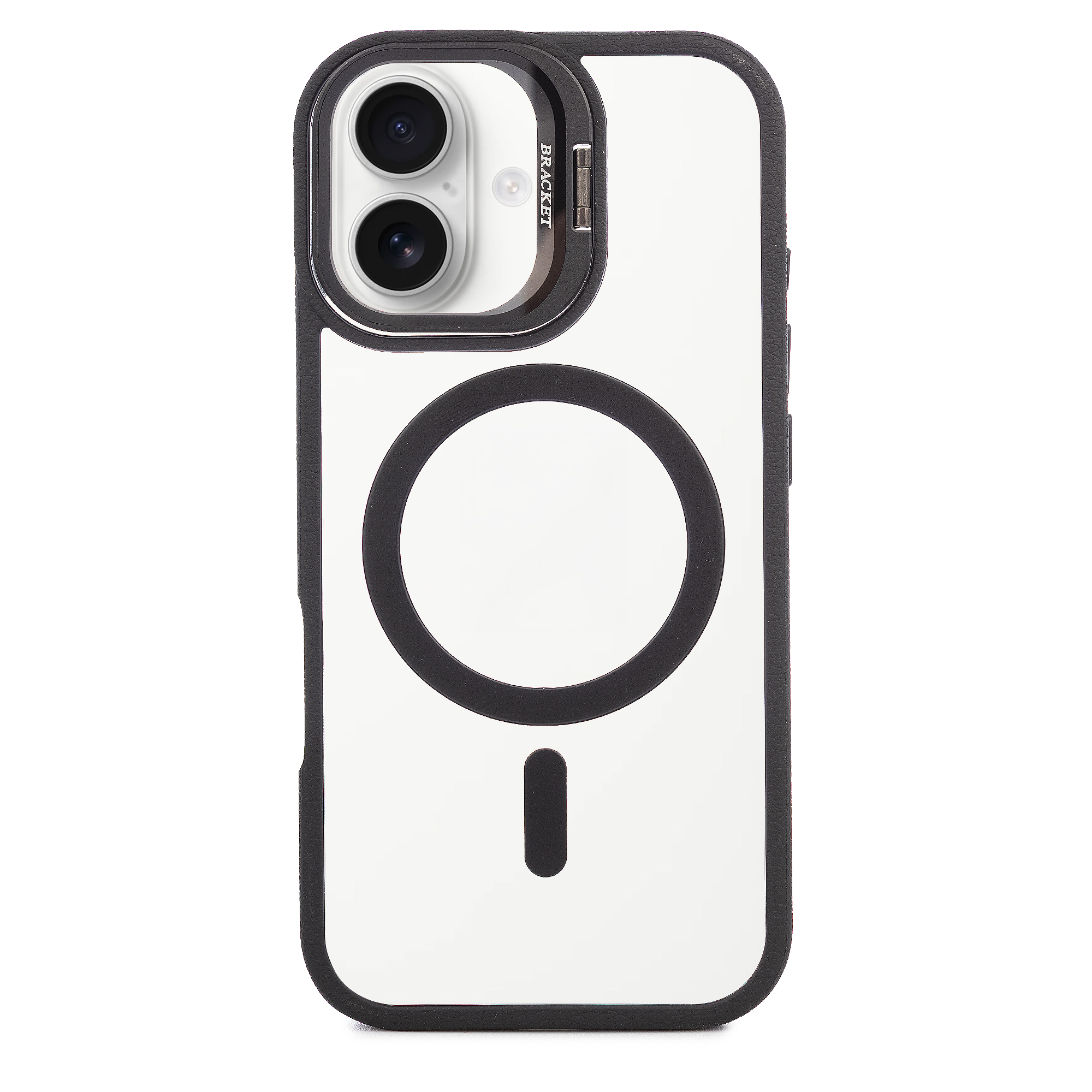 Custodia bianca per telefono con cornice nera e modulo fotocamera.
