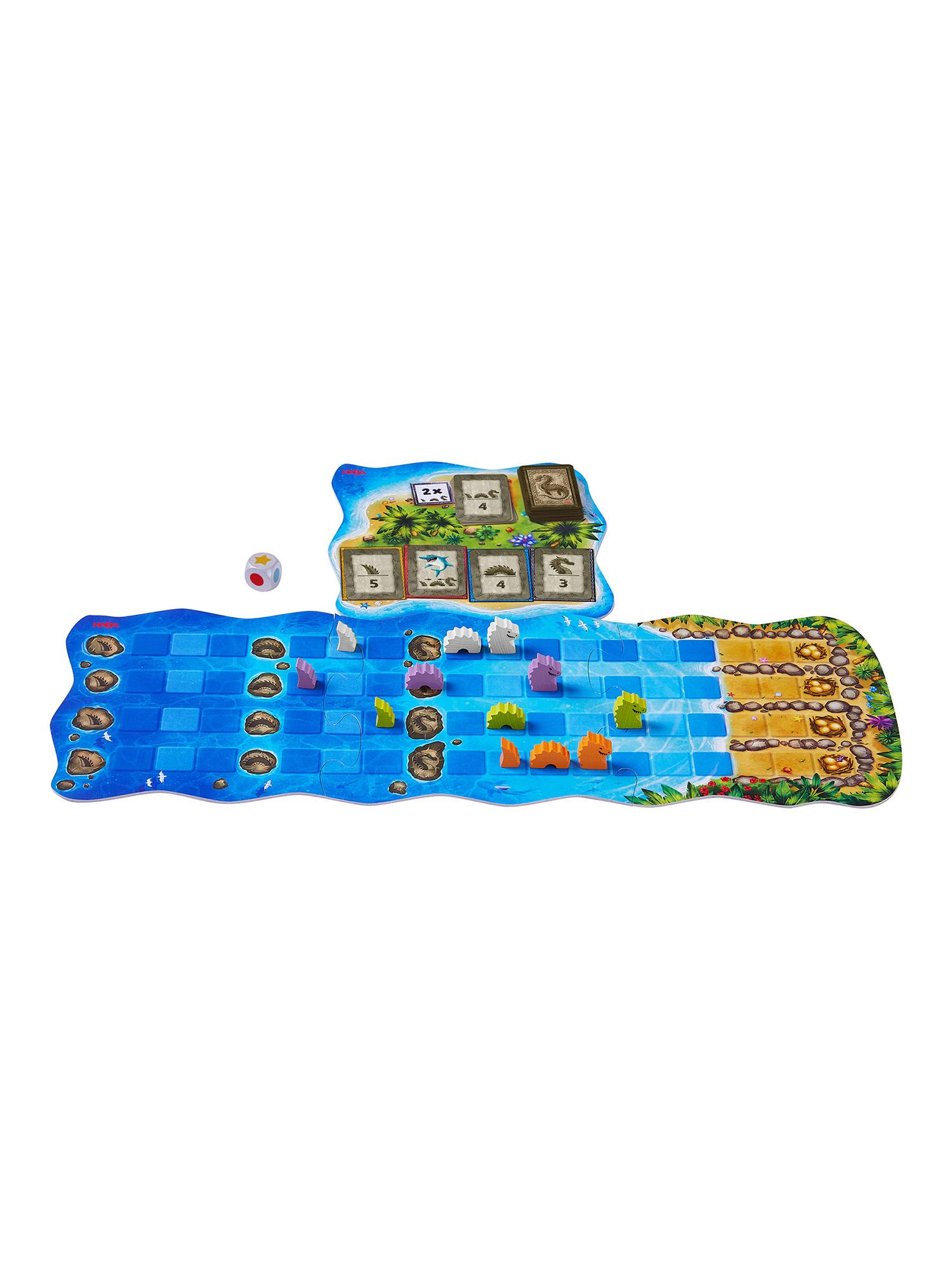 Ein Brettspiel mit bunten Spielfiguren auf einem blauen Feld.